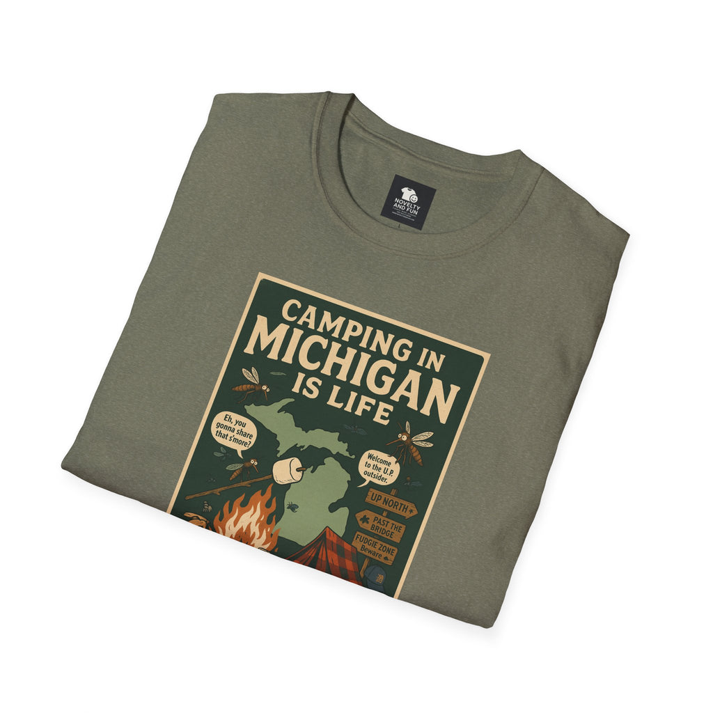 Camping in Michigan Unisex Softstyle T-Shirt, Outdoor Adventure Shirt, Ideal Gift for Campers, Nature Lovers, Summer Fun