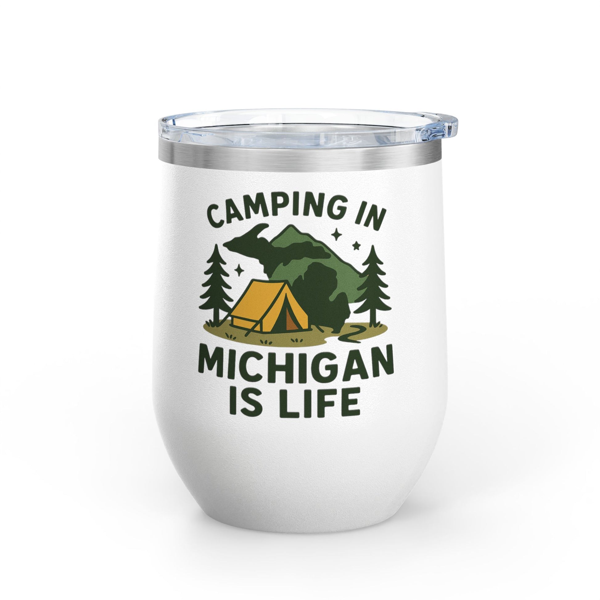 Camping in Michigan Wine Tumbler, 12oz - Perfect for Outdoor Lovers, Gifts for Campers, Travel Mug, Summer Picnics, Adventure Awaits