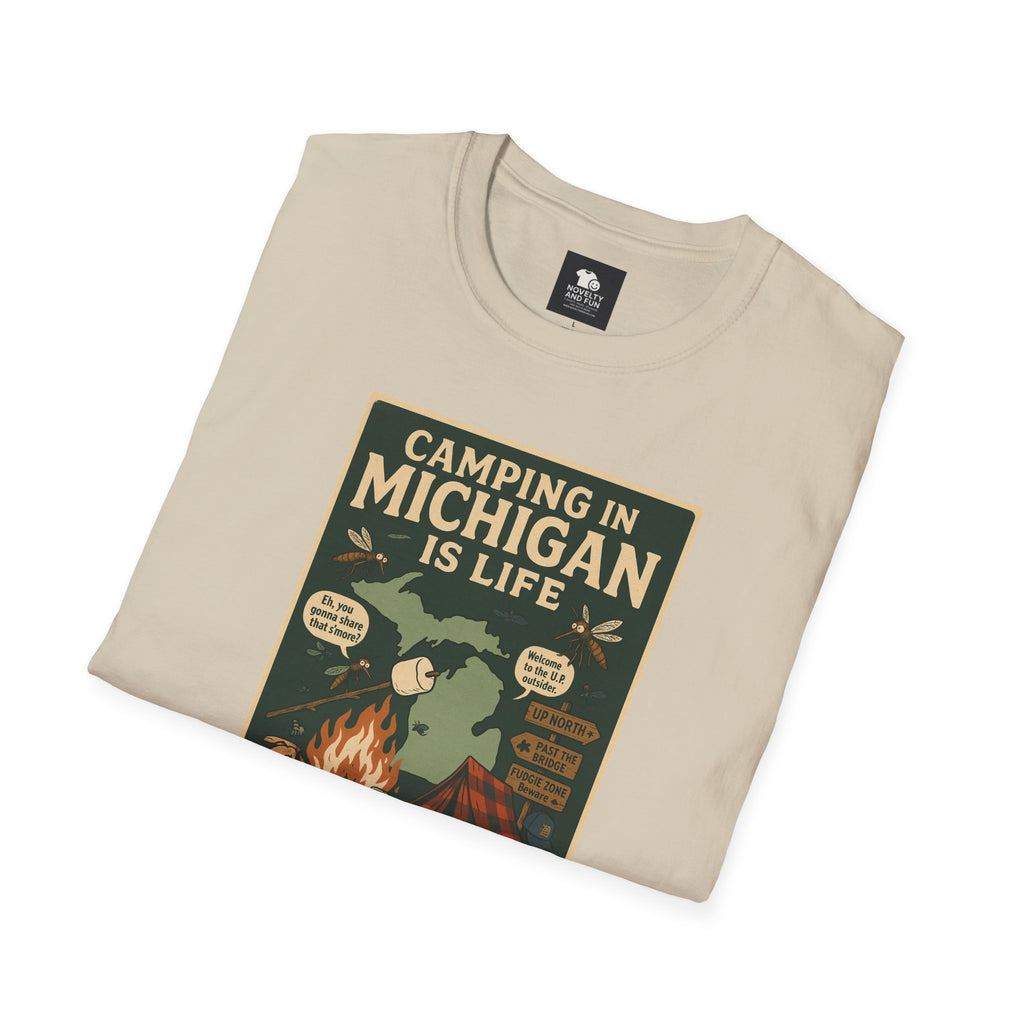 Camping in Michigan Unisex Softstyle T-Shirt, Outdoor Adventure Shirt, Ideal Gift for Campers, Nature Lovers, Summer Fun