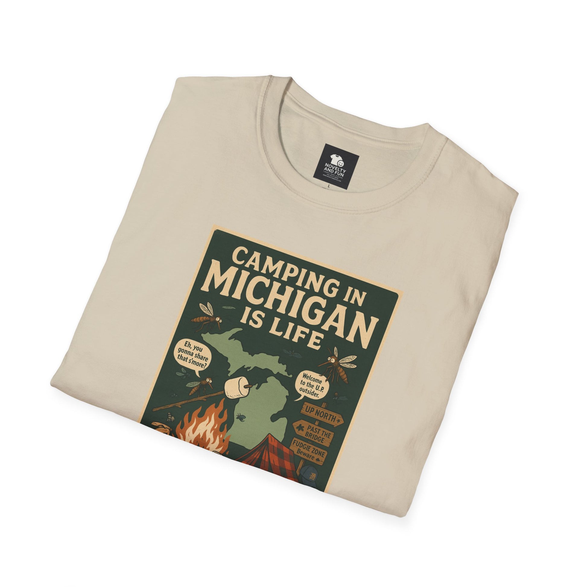 Camping in Michigan Unisex Softstyle T-Shirt, Outdoor Adventure Shirt, Ideal Gift for Campers, Nature Lovers, Summer Fun