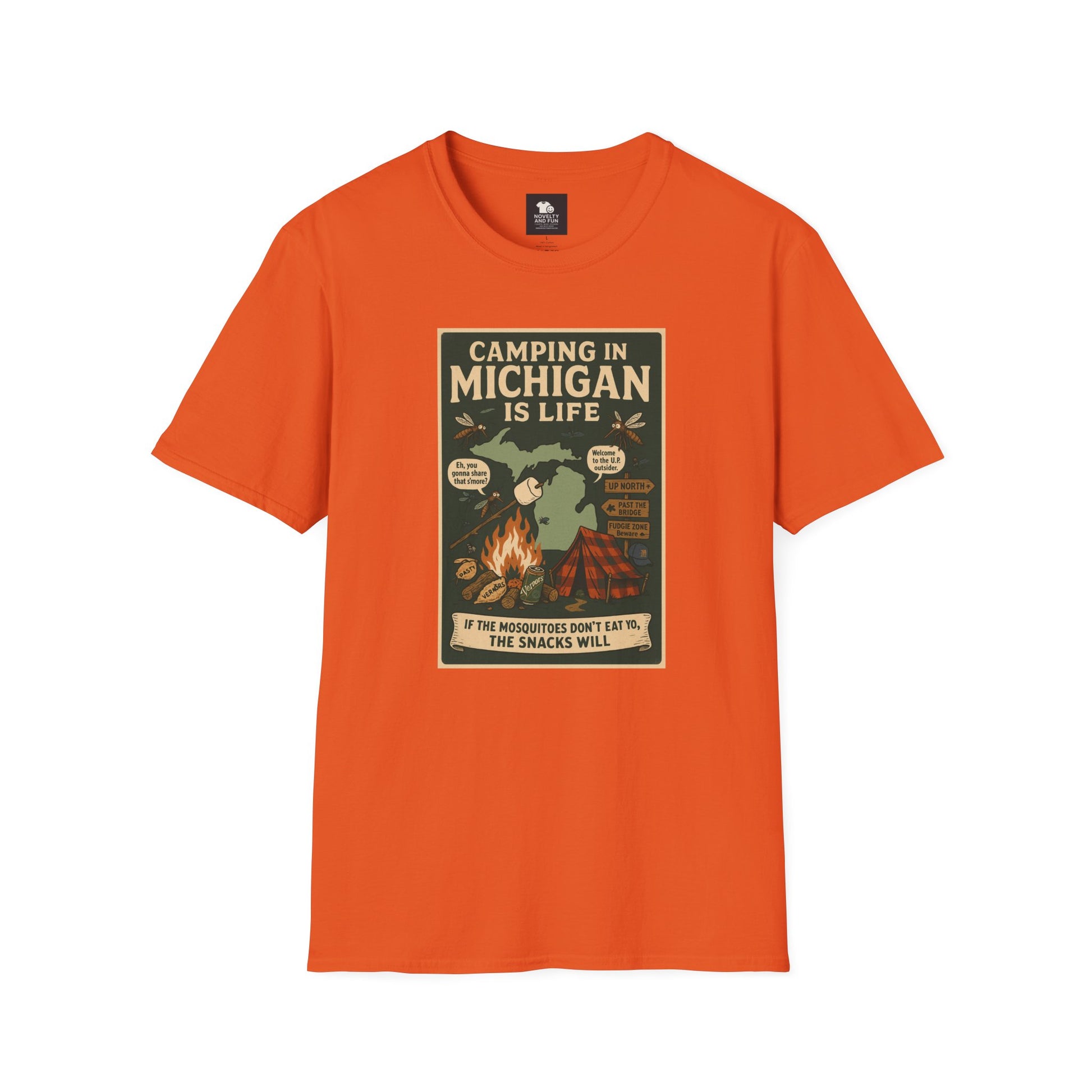 Camping in Michigan Unisex Softstyle T-Shirt, Outdoor Adventure Shirt, Ideal Gift for Campers, Nature Lovers, Summer Fun