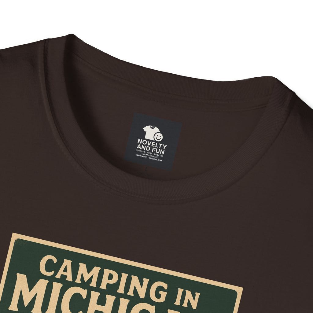 Camping in Michigan Unisex Softstyle T-Shirt, Outdoor Adventure Shirt, Ideal Gift for Campers, Nature Lovers, Summer Fun