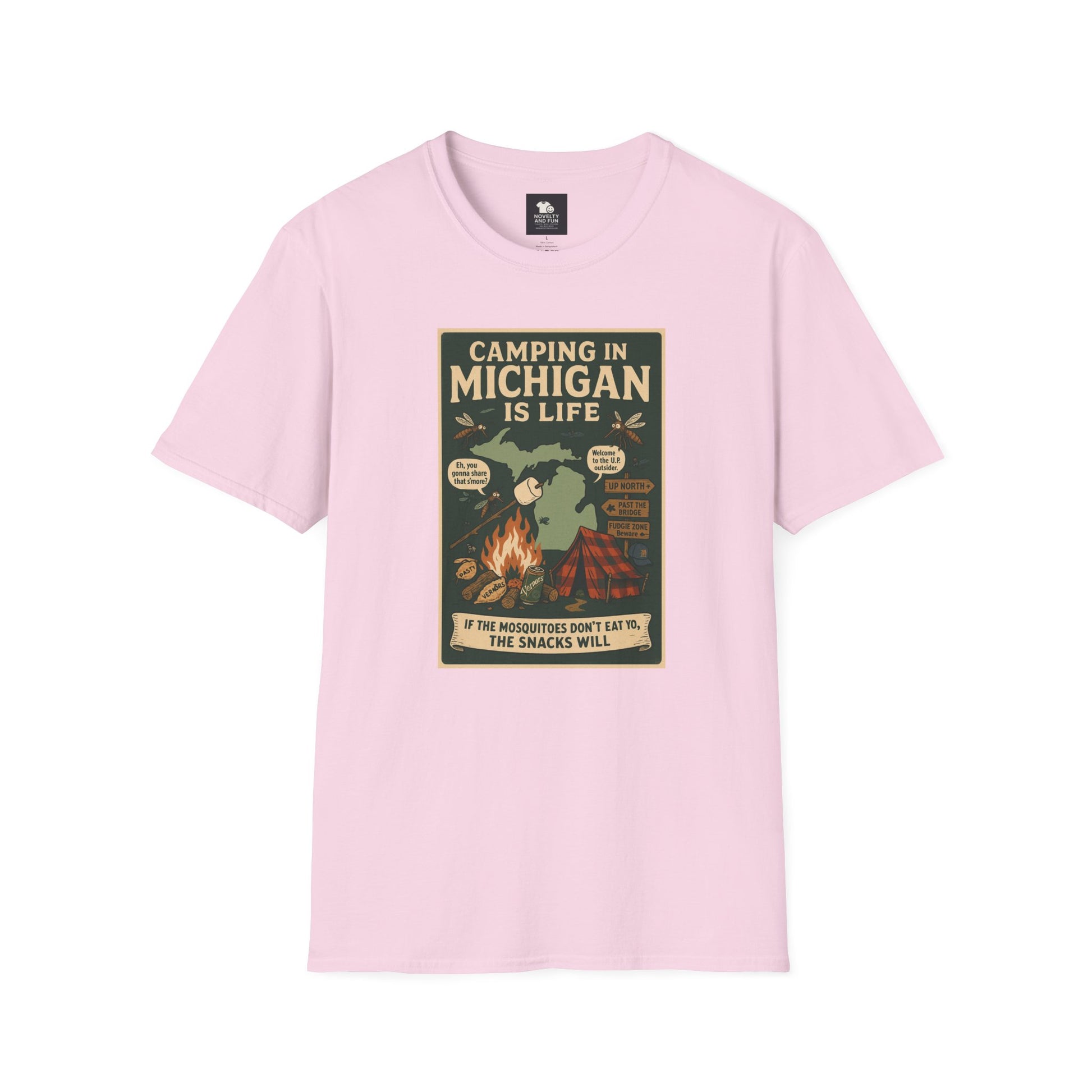 Camping in Michigan Unisex Softstyle T-Shirt, Outdoor Adventure Shirt, Ideal Gift for Campers, Nature Lovers, Summer Fun