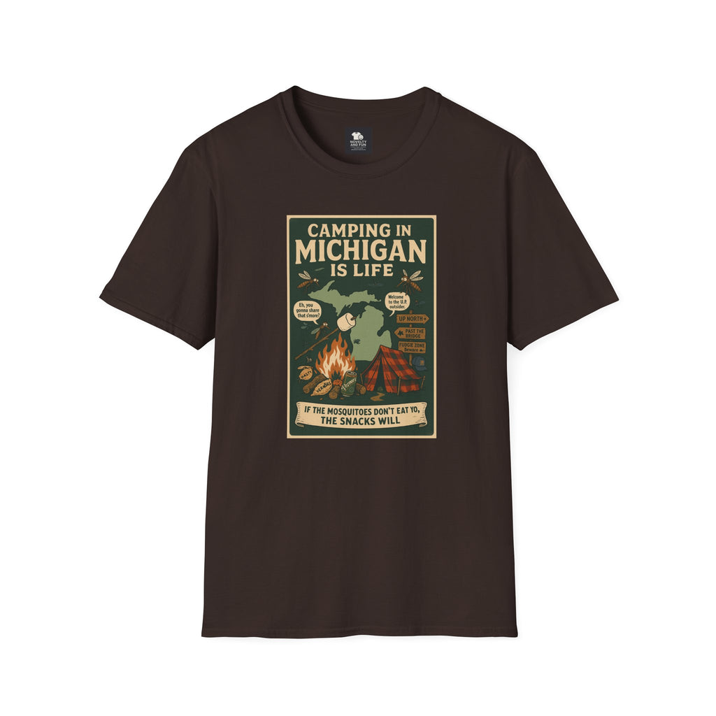 Camping in Michigan Unisex Softstyle T-Shirt, Outdoor Adventure Shirt, Ideal Gift for Campers, Nature Lovers, Summer Fun