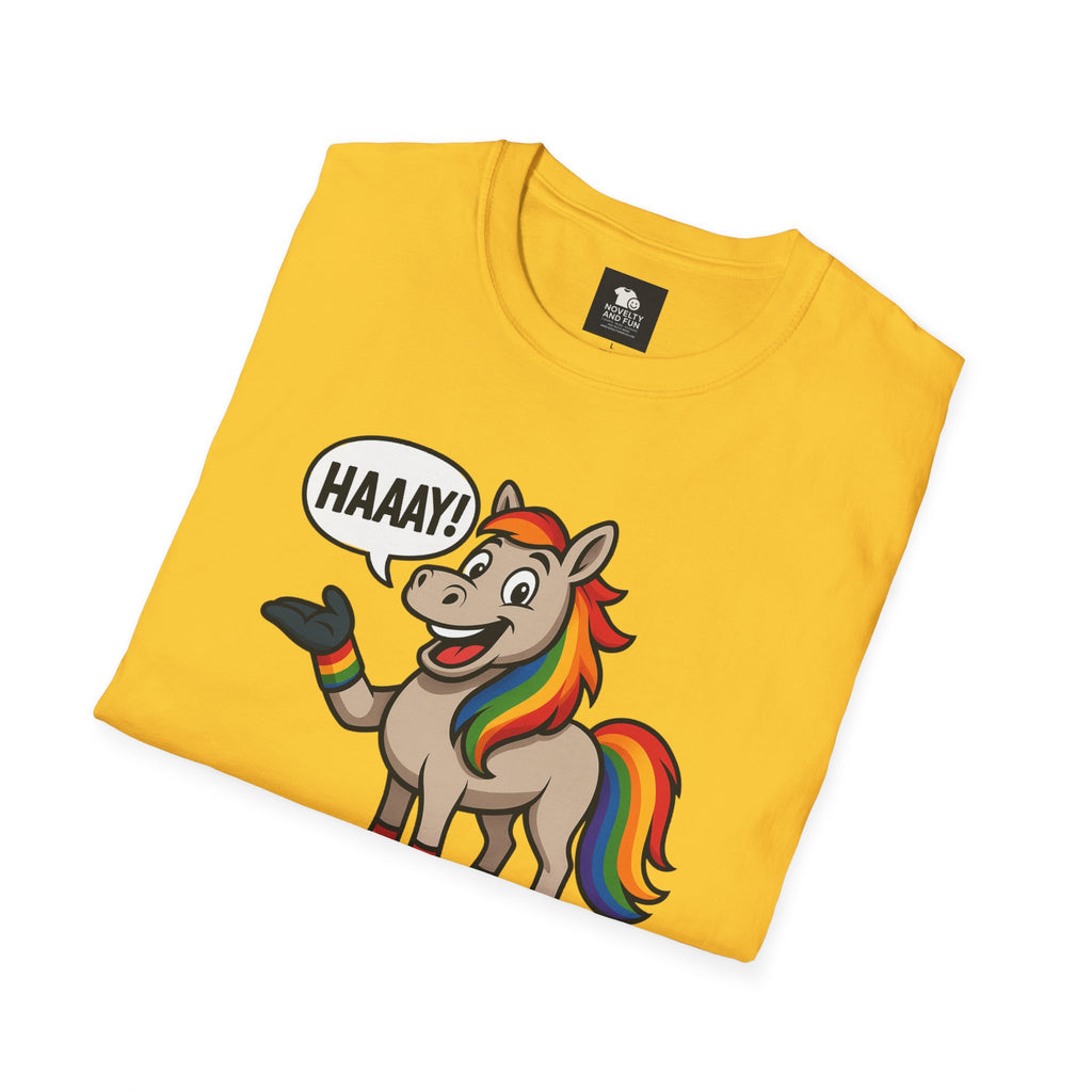 Rainbow Horse Graphic HAAAY T-Shirt, Funny Gift, Pride Apparel, Cute Graphic Tee, LGBTQ Pride Shirt, Colorful Horse Tee,
