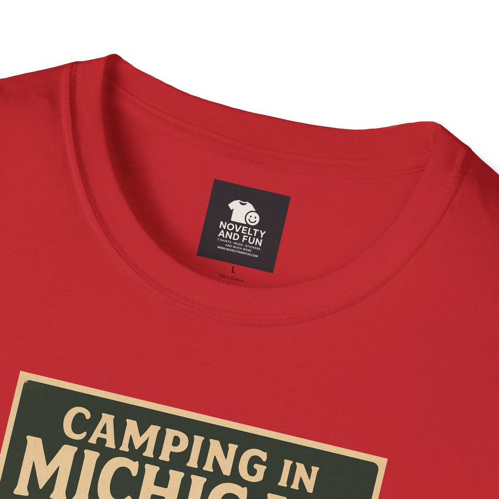 Camping in Michigan Unisex Softstyle T-Shirt, Outdoor Adventure Shirt, Ideal Gift for Campers, Nature Lovers, Summer Fun