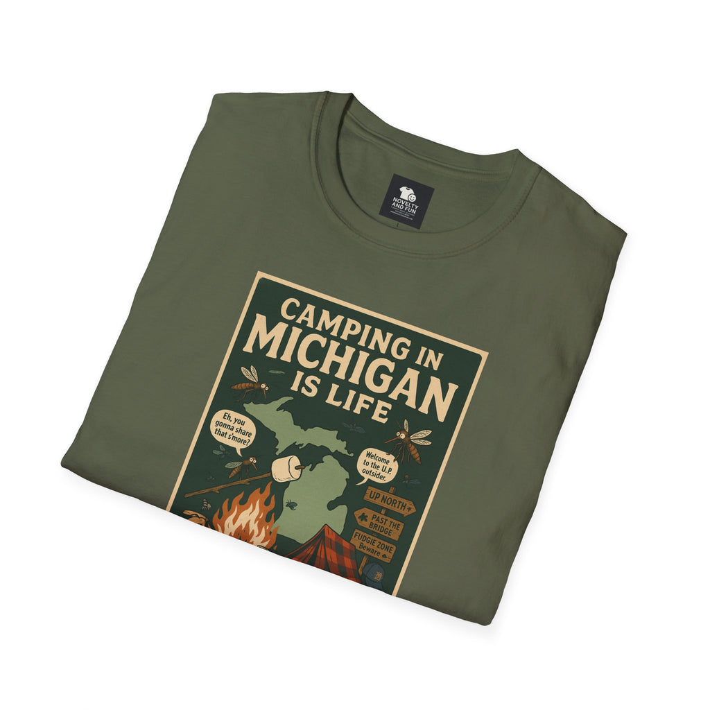 Camping in Michigan Unisex Softstyle T-Shirt, Outdoor Adventure Shirt, Ideal Gift for Campers, Nature Lovers, Summer Fun