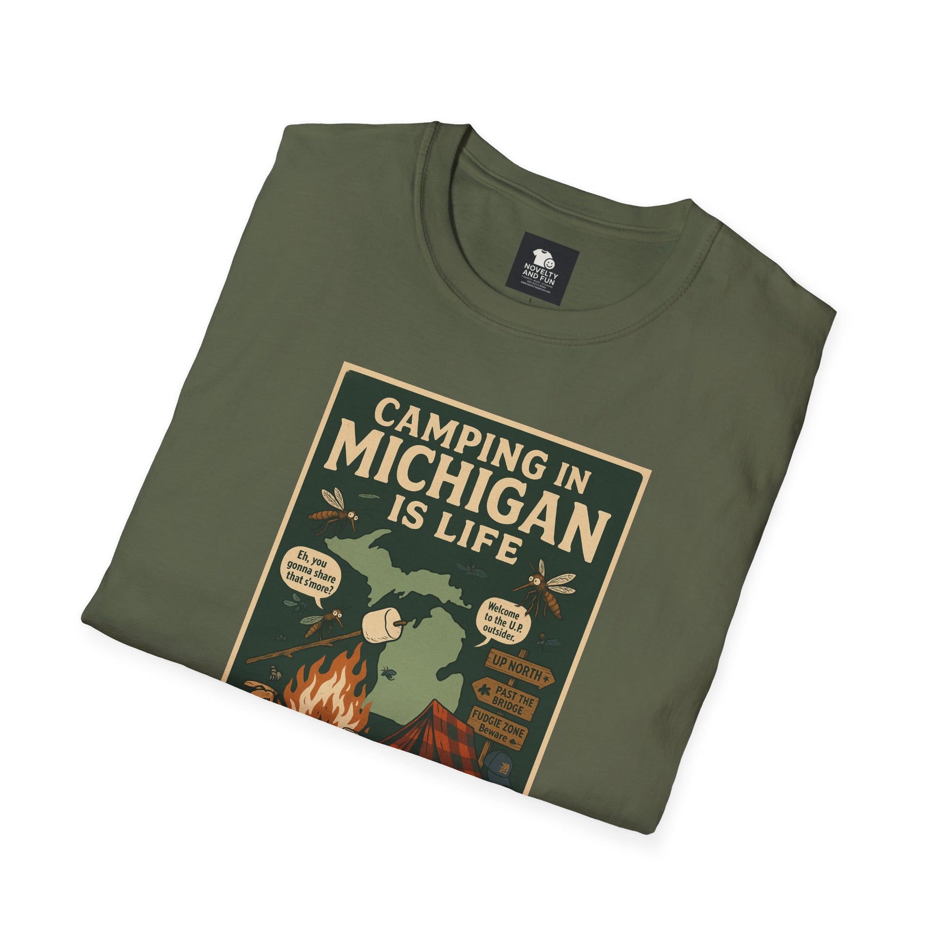 Camping in Michigan Unisex Softstyle T-Shirt, Outdoor Adventure Shirt, Ideal Gift for Campers, Nature Lovers, Summer Fun