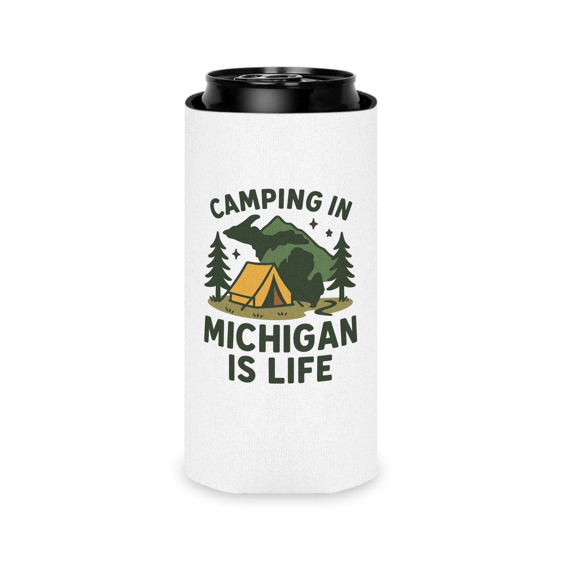 Camping Can Cooler, Michigan Camping Gift, Outdoor Beverage Holder, Summer BBQ Coolie, Hiking Party Accessories, Adventure Gear