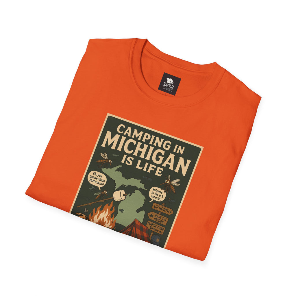 Camping in Michigan Unisex Softstyle T-Shirt, Outdoor Adventure Shirt, Ideal Gift for Campers, Nature Lovers, Summer Fun