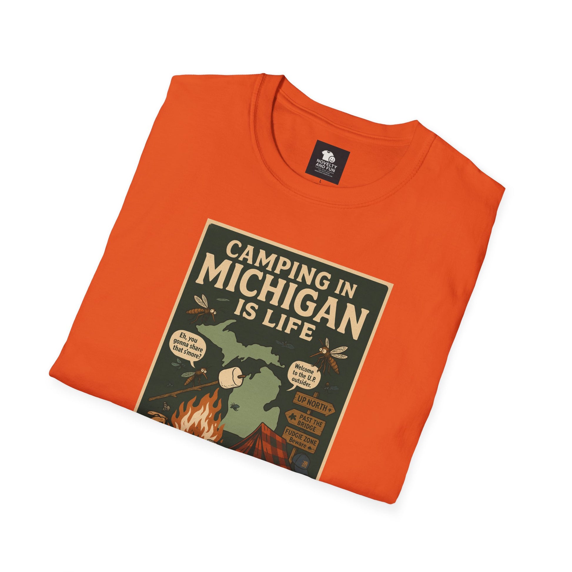 Camping in Michigan Unisex Softstyle T-Shirt, Outdoor Adventure Shirt, Ideal Gift for Campers, Nature Lovers, Summer Fun