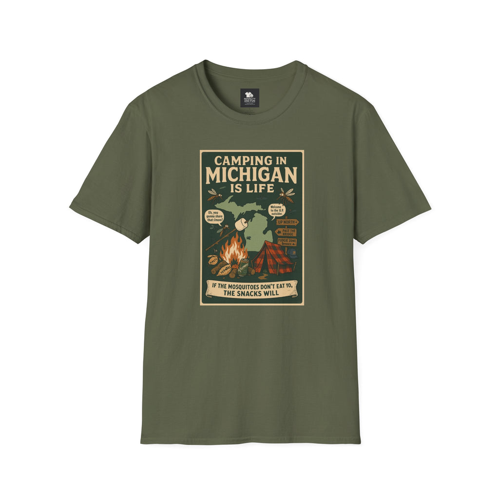 Camping in Michigan Unisex Softstyle T-Shirt, Outdoor Adventure Shirt, Ideal Gift for Campers, Nature Lovers, Summer Fun
