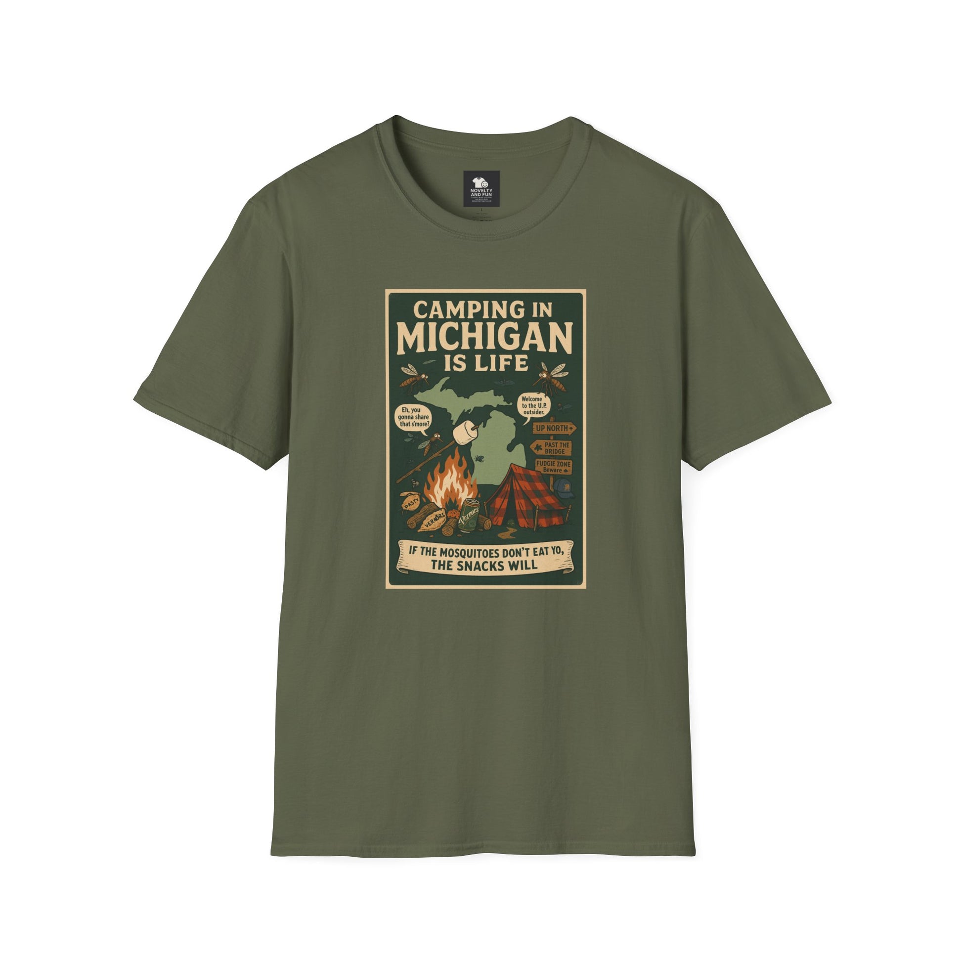 Camping in Michigan Unisex Softstyle T-Shirt, Outdoor Adventure Shirt, Ideal Gift for Campers, Nature Lovers, Summer Fun
