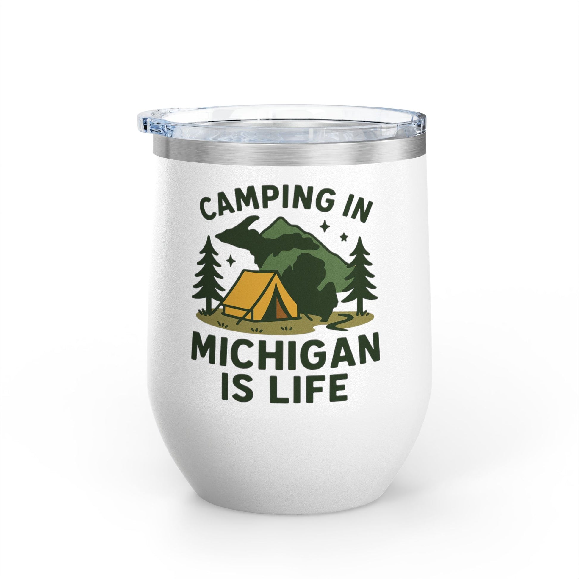Camping in Michigan Wine Tumbler, 12oz - Perfect for Outdoor Lovers, Gifts for Campers, Travel Mug, Summer Picnics, Adventure Awaits
