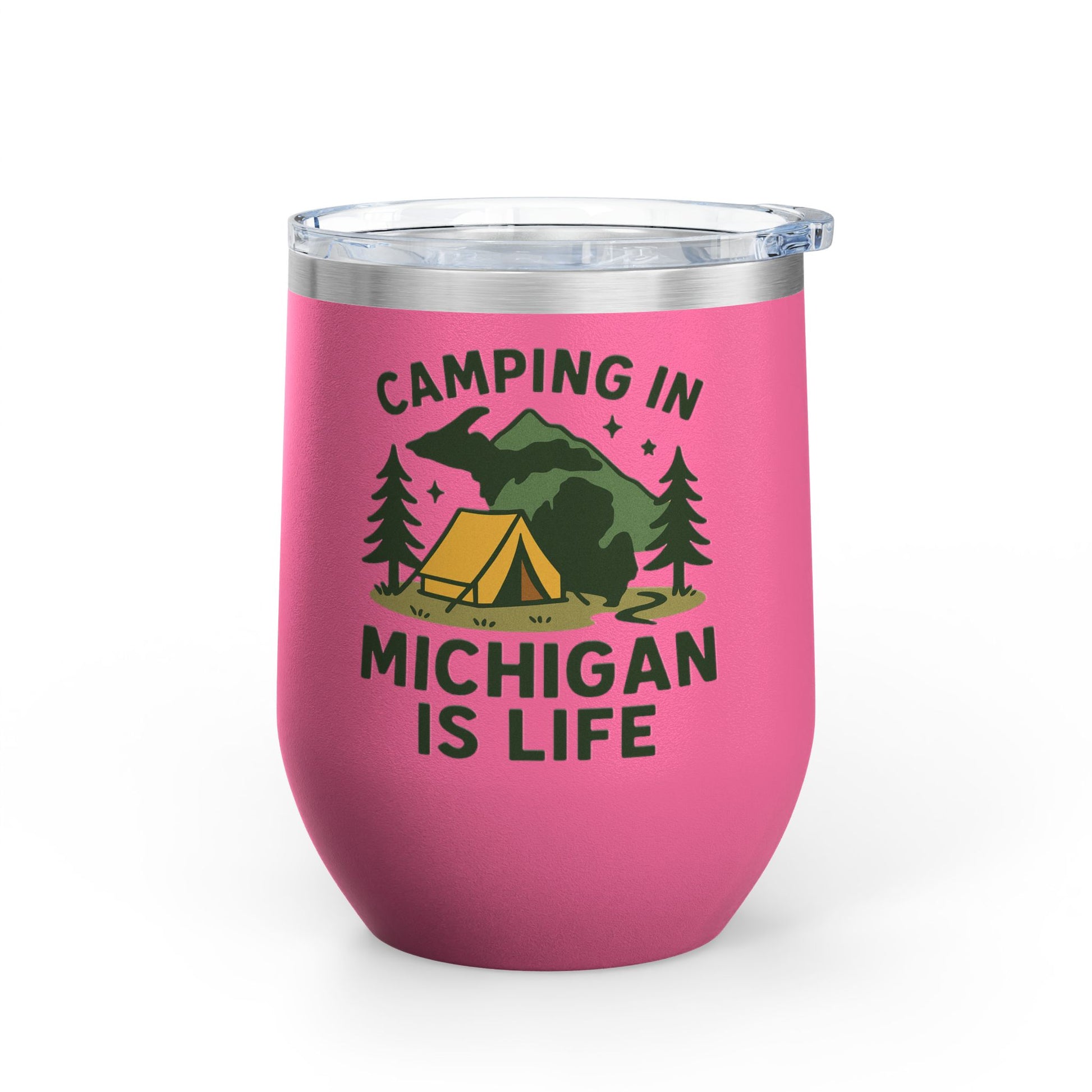 Camping in Michigan Wine Tumbler, 12oz - Perfect for Outdoor Lovers, Gifts for Campers, Travel Mug, Summer Picnics, Adventure Awaits