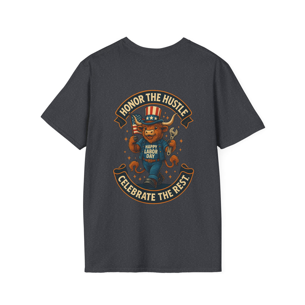 Celebrate Labor Day with Our Happy Highland Cow T-Shirt Front and Back!