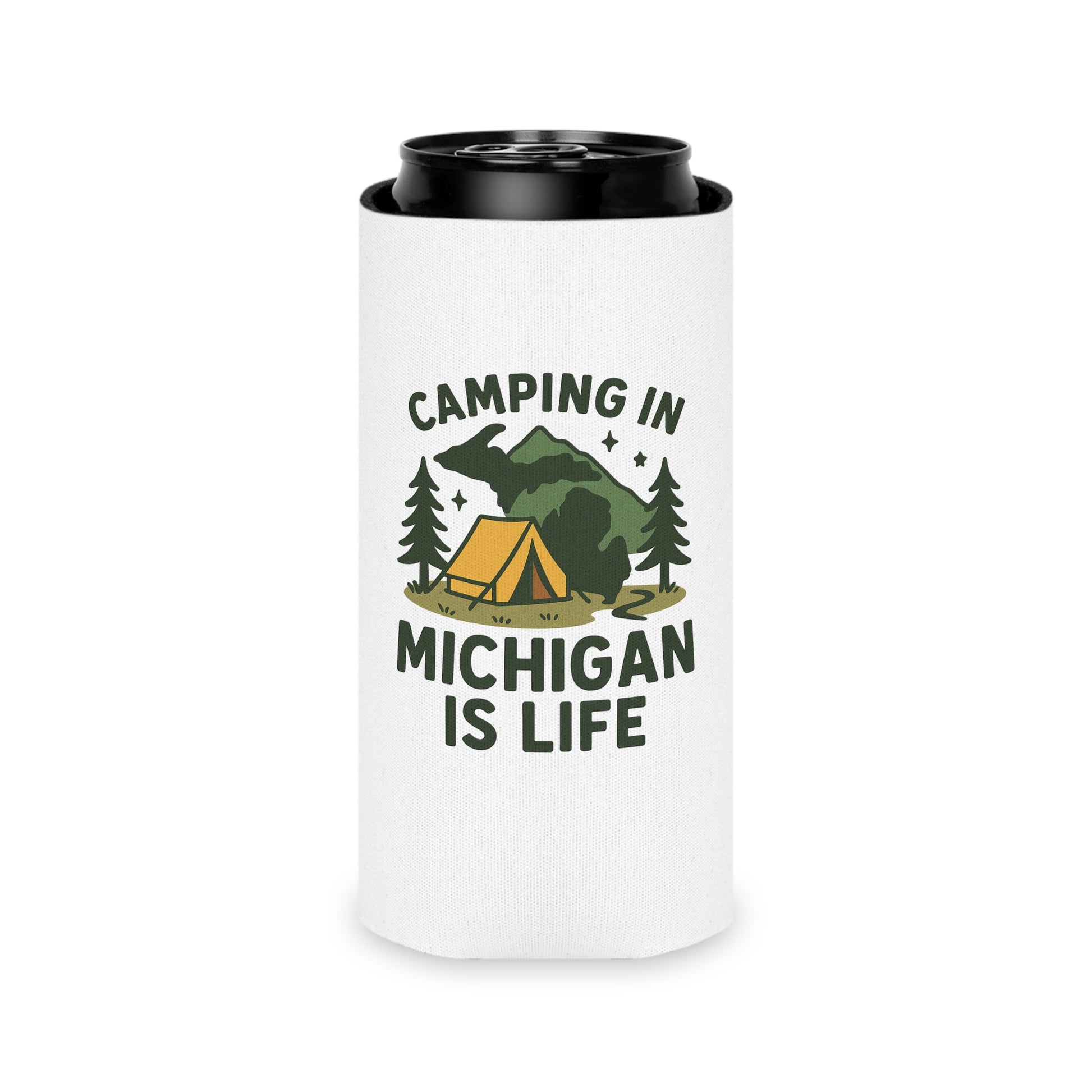 Camping Can Cooler, Michigan Camping Gift, Outdoor Beverage Holder, Summer BBQ Coolie, Hiking Party Accessories, Adventure Gear