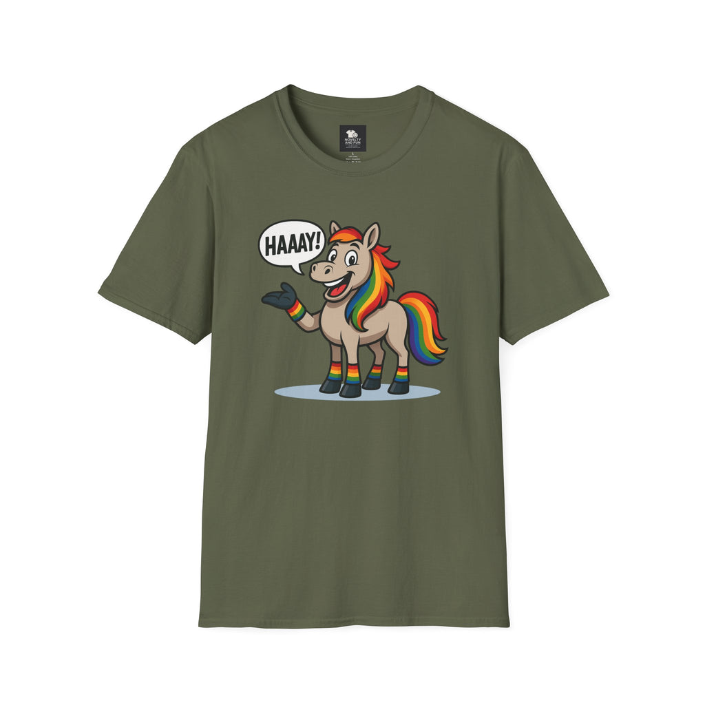 Rainbow Horse Graphic HAAAY T-Shirt, Funny Gift, Pride Apparel, Cute Graphic Tee, LGBTQ Pride Shirt, Colorful Horse Tee,