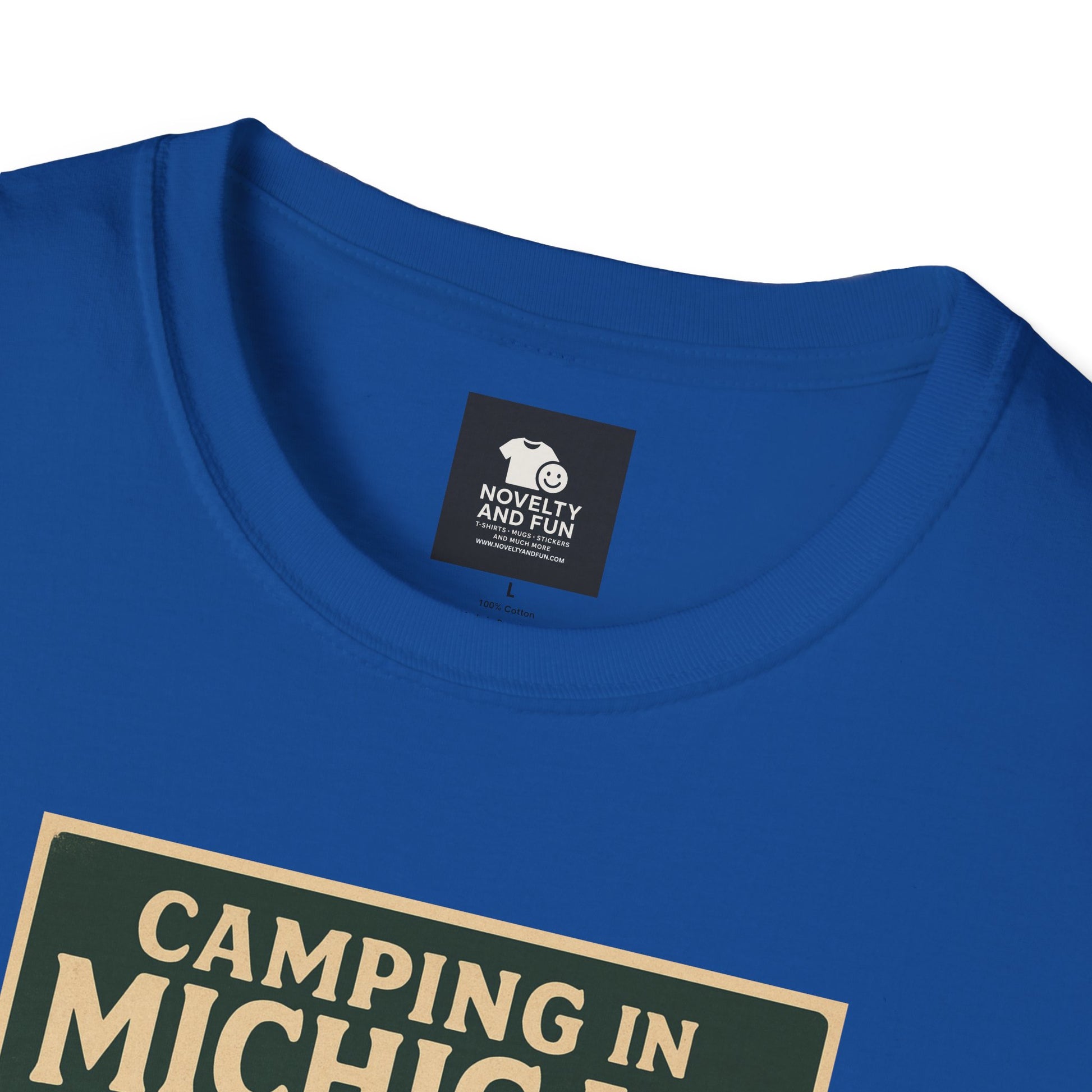 Camping in Michigan Unisex Softstyle T-Shirt, Outdoor Adventure Shirt, Ideal Gift for Campers, Nature Lovers, Summer Fun