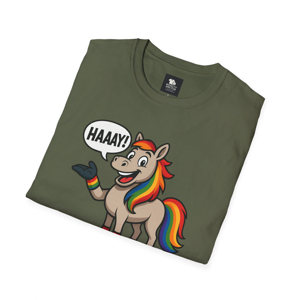 Rainbow Horse Graphic HAAAY T-Shirt, Funny Gift, Pride Apparel, Cute Graphic Tee, LGBTQ Pride Shirt, Colorful Horse Tee,
