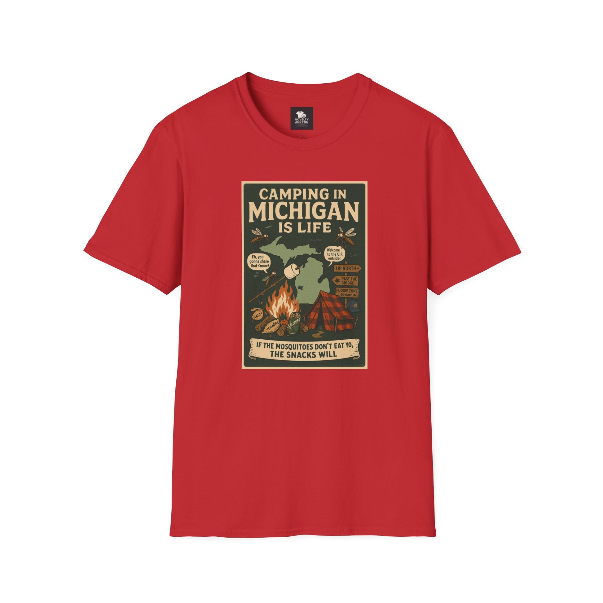 Camping in Michigan Unisex Softstyle T-Shirt, Outdoor Adventure Shirt, Ideal Gift for Campers, Nature Lovers, Summer Fun