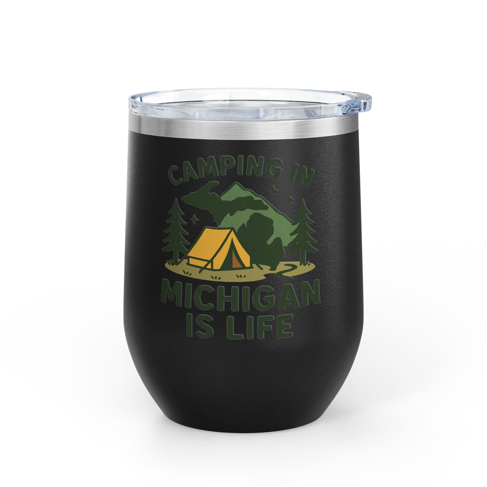 Camping in Michigan Wine Tumbler, 12oz - Perfect for Outdoor Lovers, Gifts for Campers, Travel Mug, Summer Picnics, Adventure Awaits