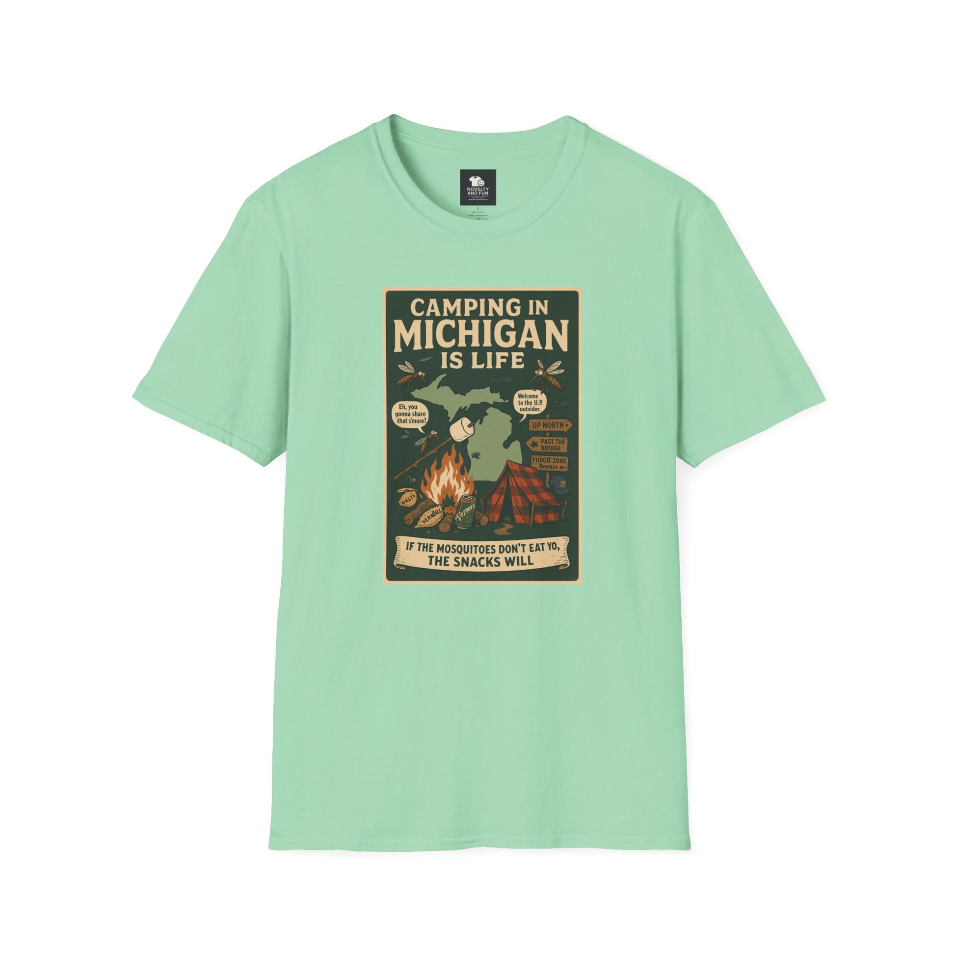 Camping in Michigan Unisex Softstyle T-Shirt, Outdoor Adventure Shirt, Ideal Gift for Campers, Nature Lovers, Summer Fun