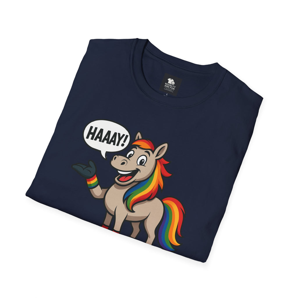 Rainbow Horse Graphic HAAAY T-Shirt, Funny Gift, Pride Apparel, Cute Graphic Tee, LGBTQ Pride Shirt, Colorful Horse Tee,