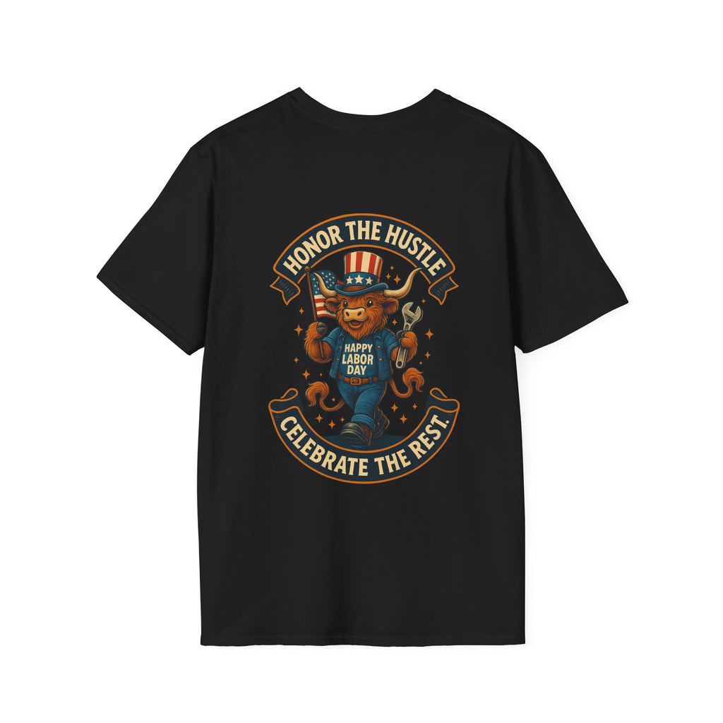 Celebrate Labor Day with Our Happy Highland Cow T-Shirt Front and Back!