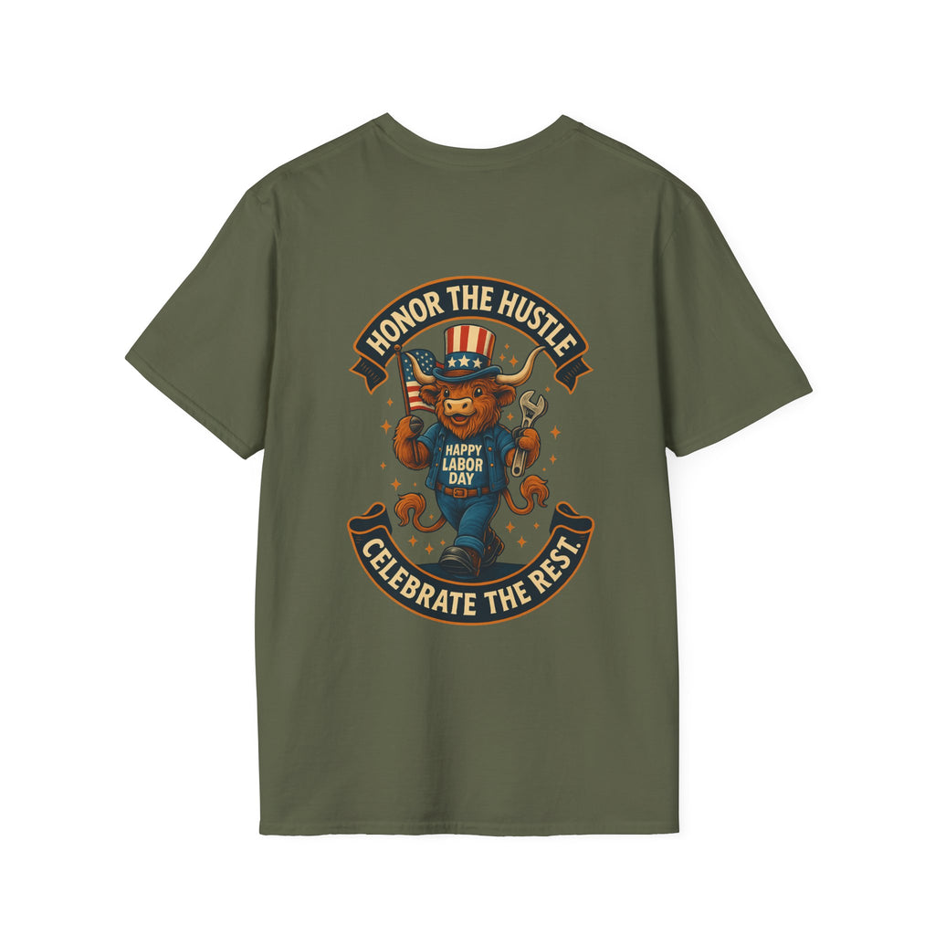 Celebrate Labor Day with Our Happy Highland Cow T-Shirt Front and Back!