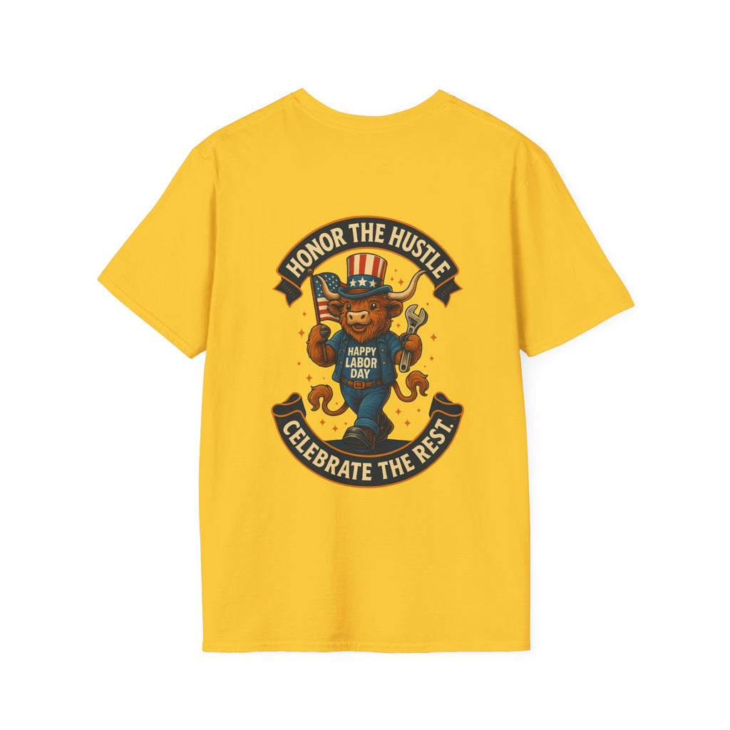 Celebrate Labor Day with Our Happy Highland Cow T-Shirt Front and Back!
