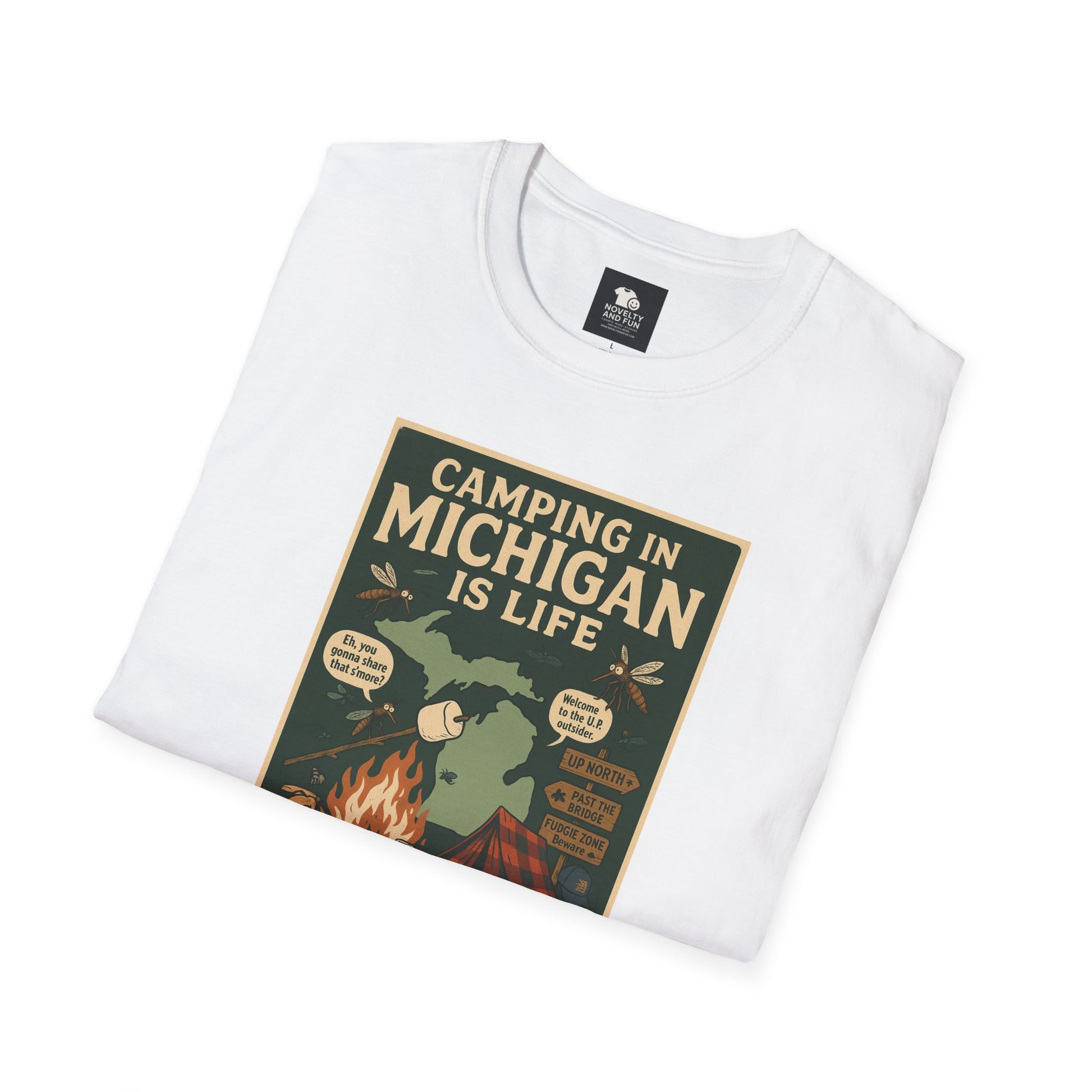 Camping in Michigan Unisex Softstyle T-Shirt, Outdoor Adventure Shirt, Ideal Gift for Campers, Nature Lovers, Summer Fun