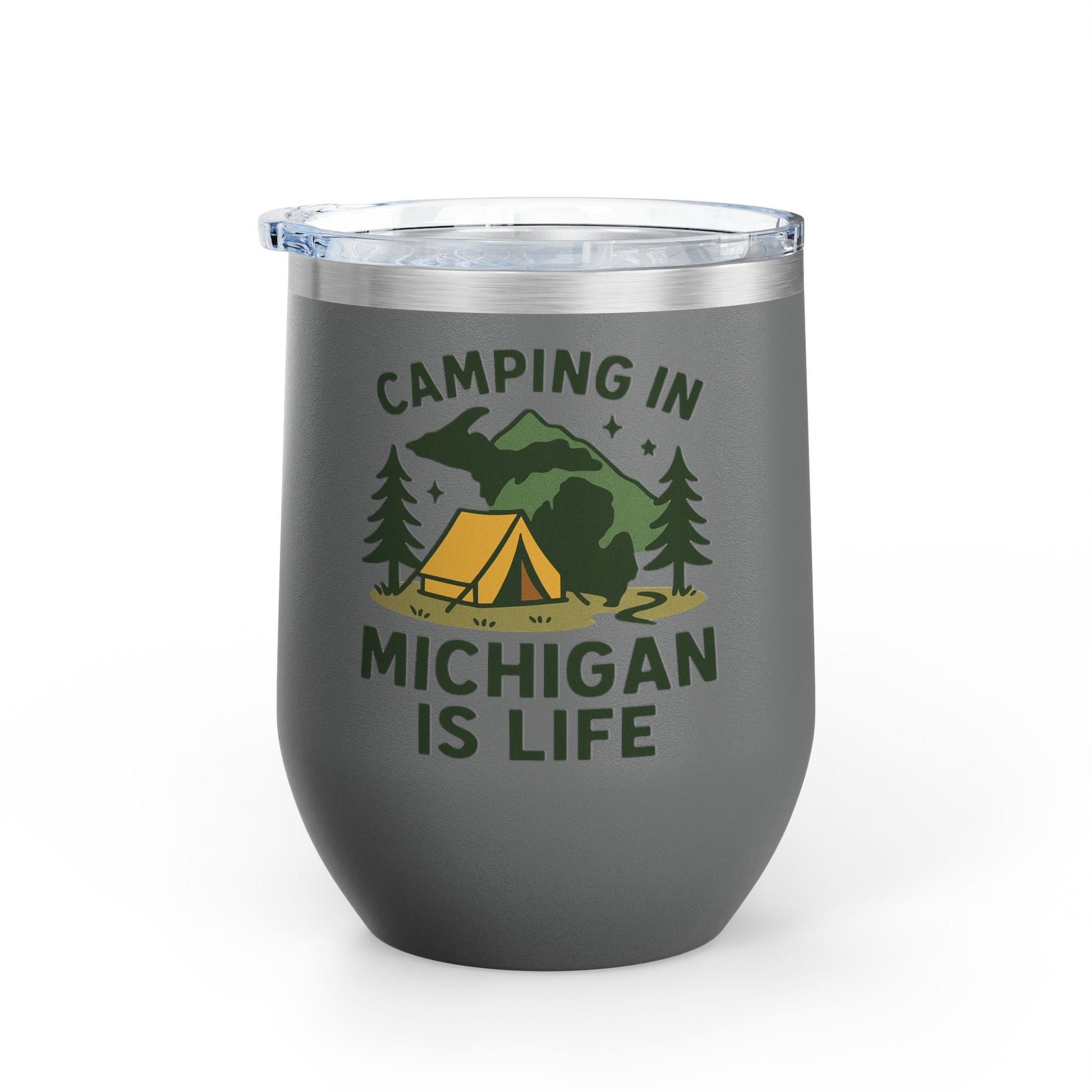 Camping in Michigan Wine Tumbler, 12oz - Perfect for Outdoor Lovers, Gifts for Campers, Travel Mug, Summer Picnics, Adventure Awaits