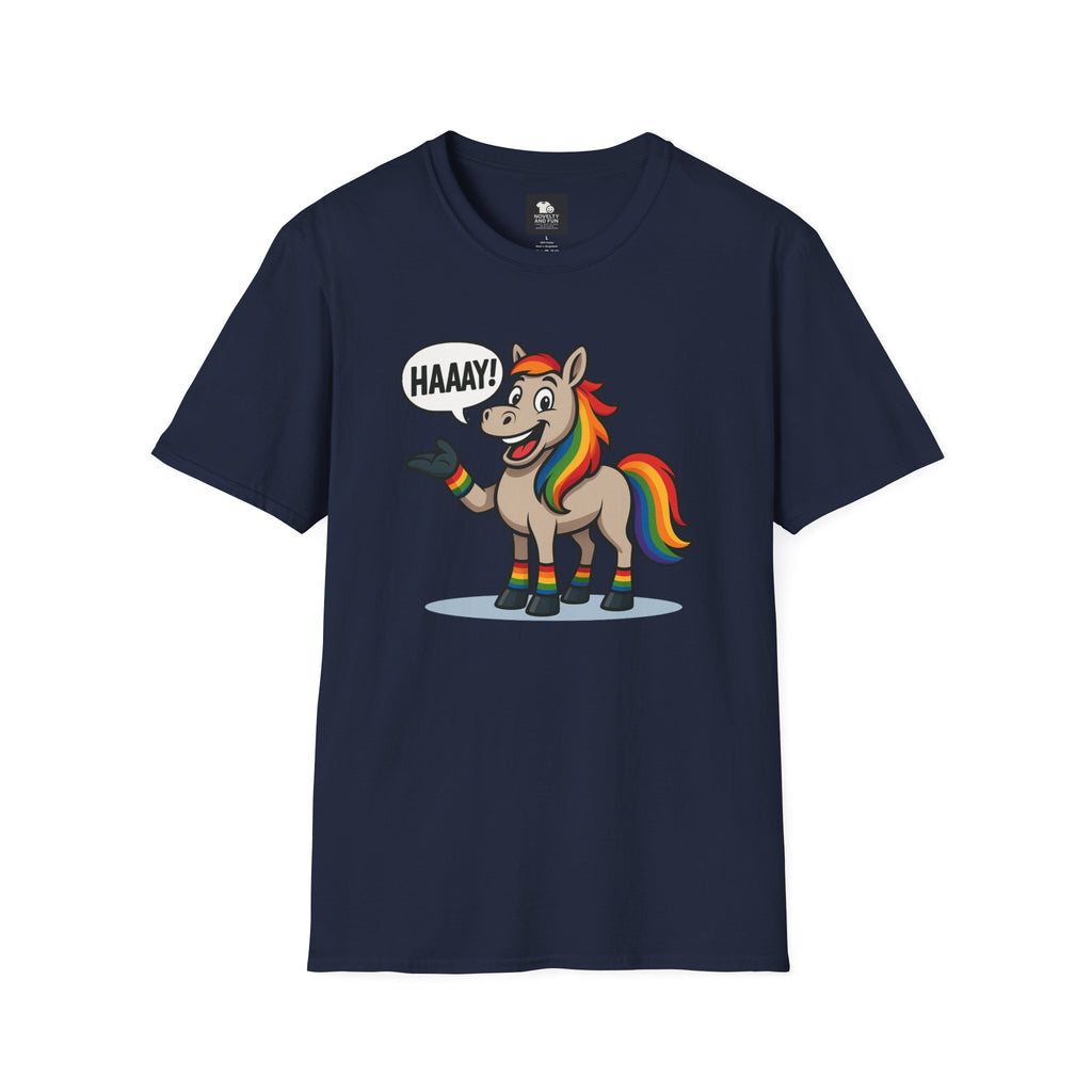 Rainbow Horse Graphic HAAAY T-Shirt, Funny Gift, Pride Apparel, Cute Graphic Tee, LGBTQ Pride Shirt, Colorful Horse Tee,