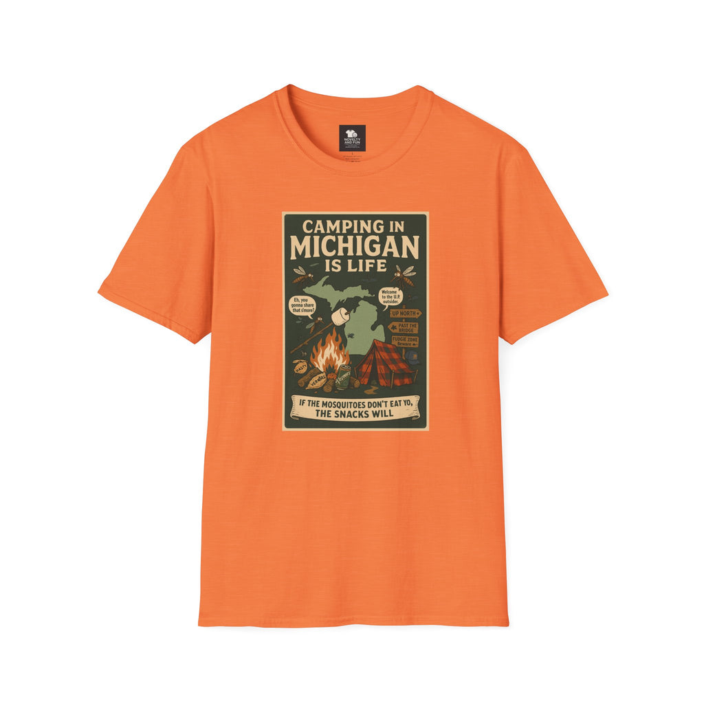 Camping in Michigan Unisex Softstyle T-Shirt, Outdoor Adventure Shirt, Ideal Gift for Campers, Nature Lovers, Summer Fun