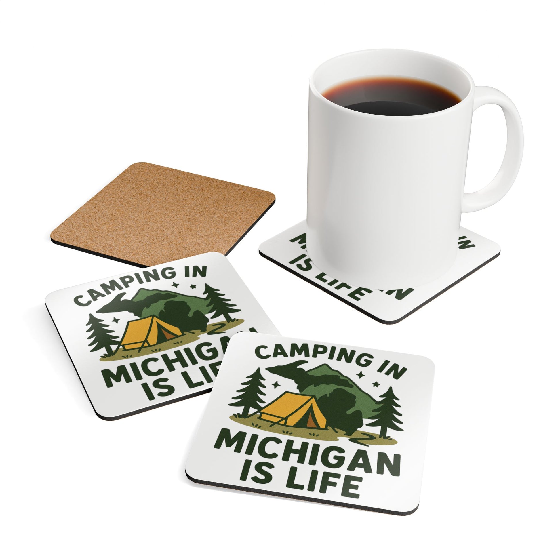 Camping-Inspired Cork Coaster Set - Perfect for Outdoor Enthusiasts, Home Decor, Gift for Campers, Michigan Love, Eco-Friendly