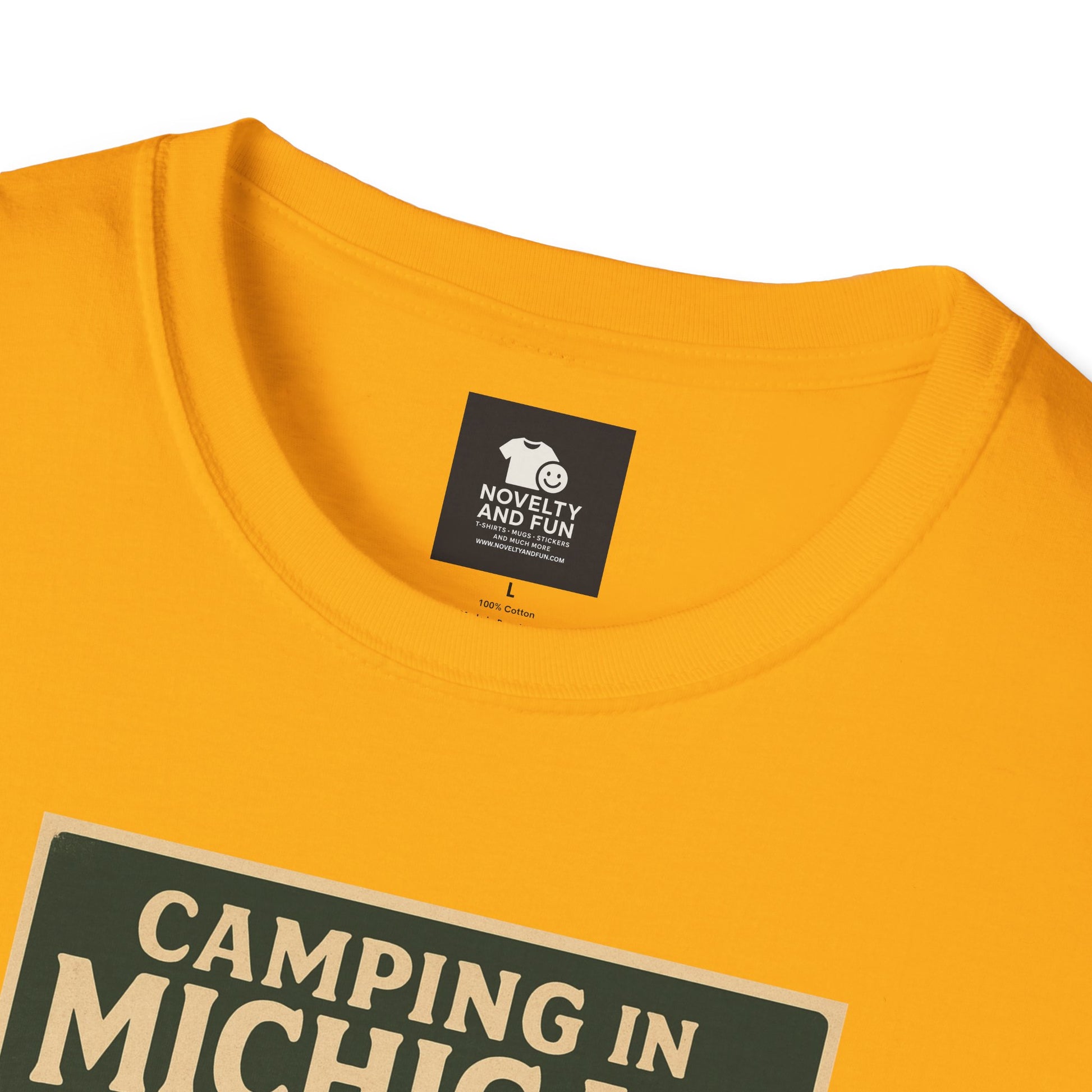 Camping in Michigan Unisex Softstyle T-Shirt, Outdoor Adventure Shirt, Ideal Gift for Campers, Nature Lovers, Summer Fun