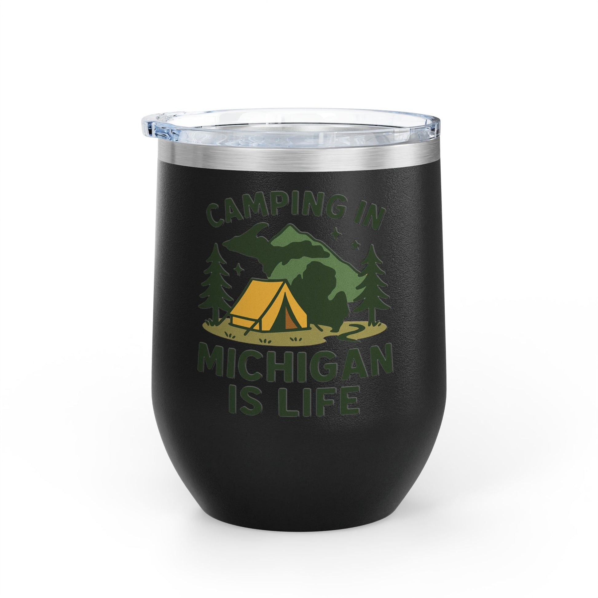 Camping in Michigan Wine Tumbler, 12oz - Perfect for Outdoor Lovers, Gifts for Campers, Travel Mug, Summer Picnics, Adventure Awaits