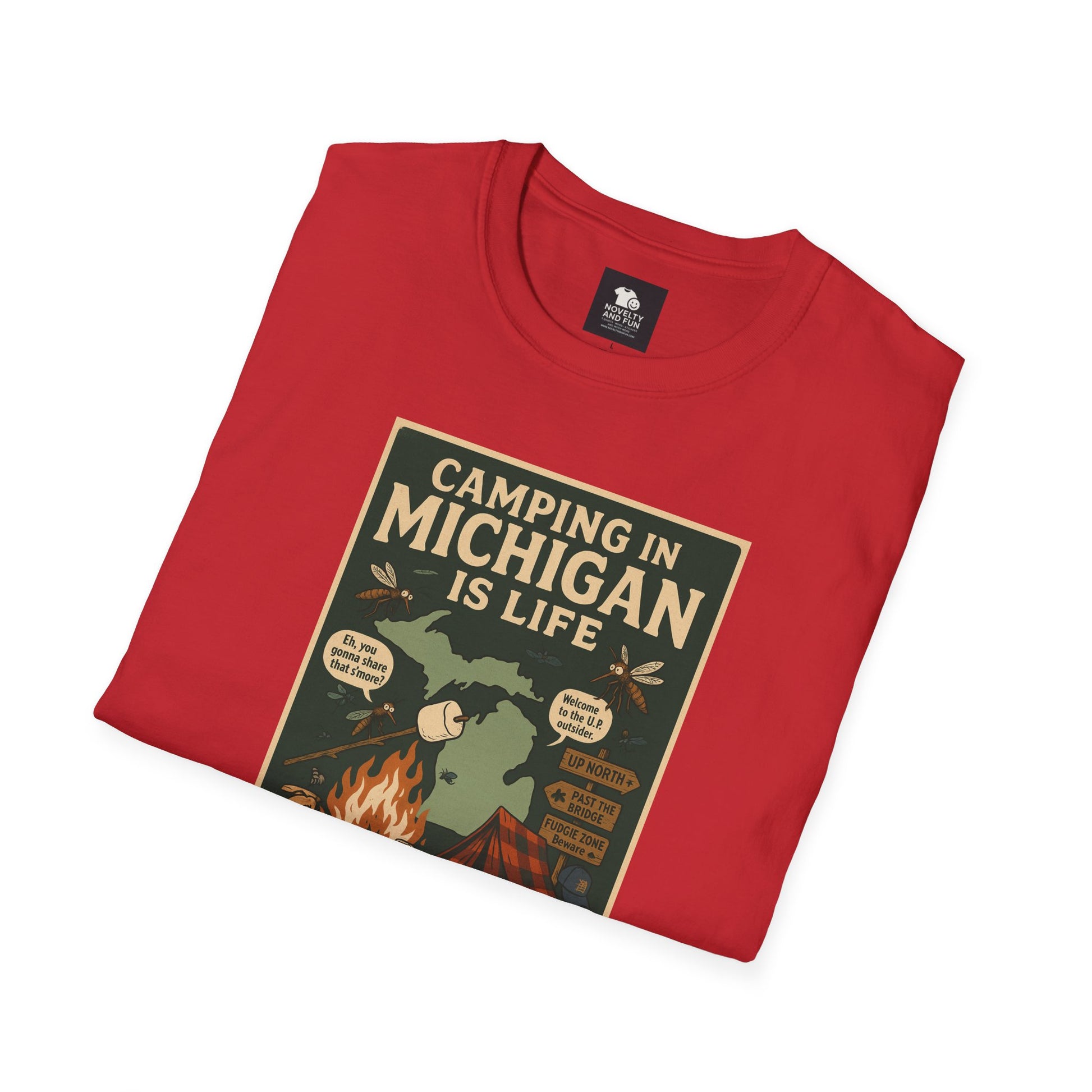 Camping in Michigan Unisex Softstyle T-Shirt, Outdoor Adventure Shirt, Ideal Gift for Campers, Nature Lovers, Summer Fun