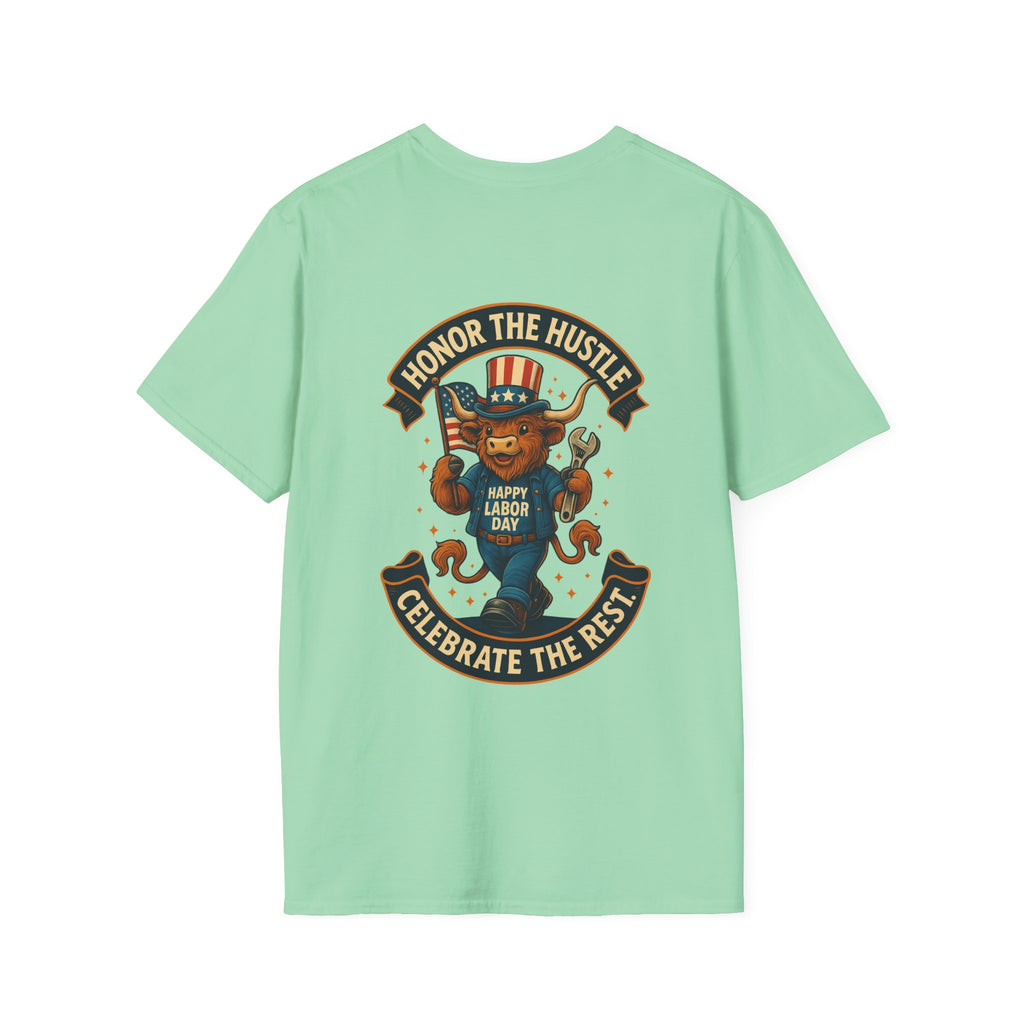 Celebrate Labor Day with Our Happy Highland Cow T-Shirt Front and Back!