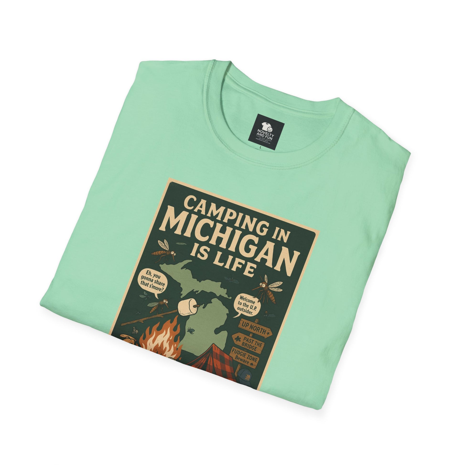 Camping in Michigan Unisex Softstyle T-Shirt, Outdoor Adventure Shirt, Ideal Gift for Campers, Nature Lovers, Summer Fun