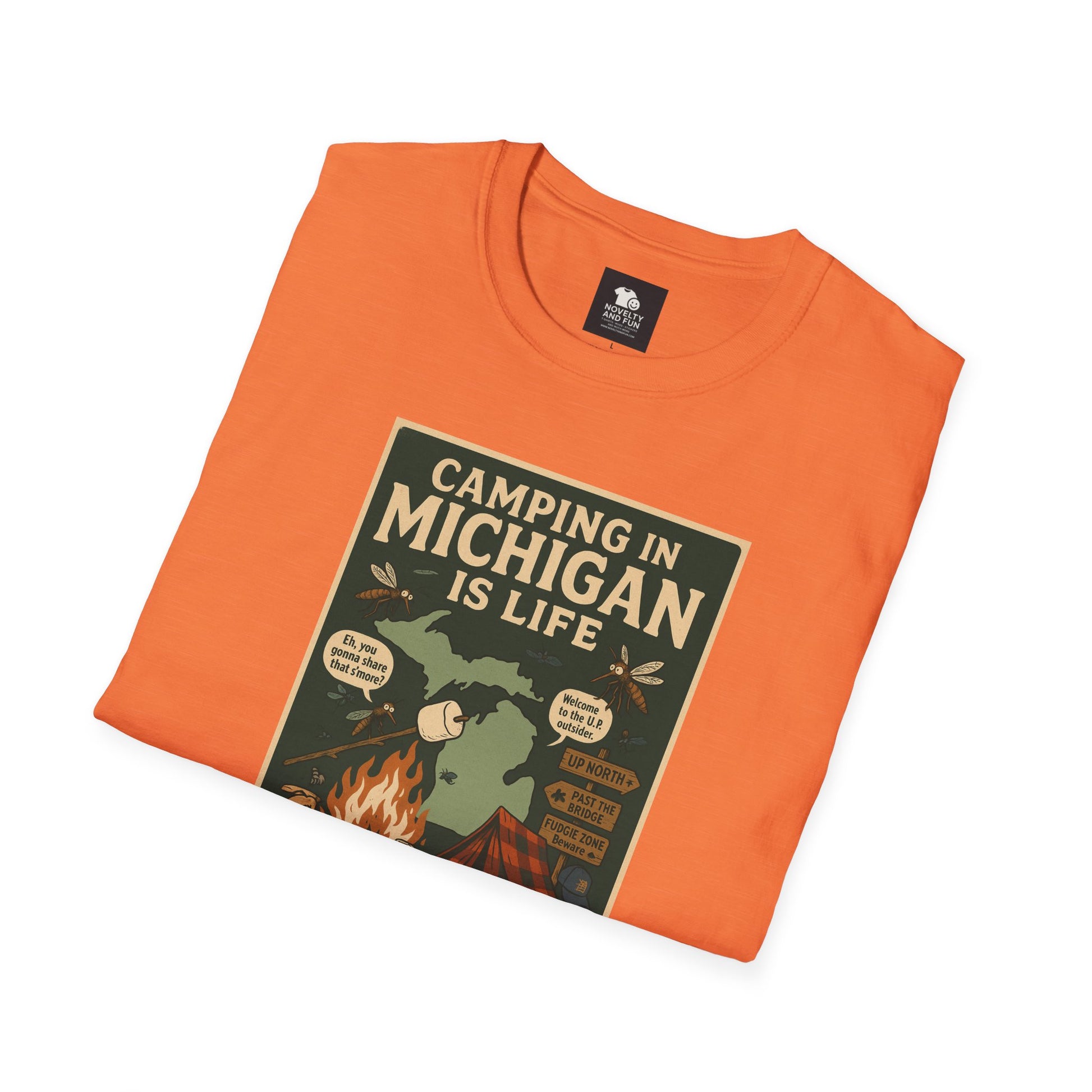 Camping in Michigan Unisex Softstyle T-Shirt, Outdoor Adventure Shirt, Ideal Gift for Campers, Nature Lovers, Summer Fun
