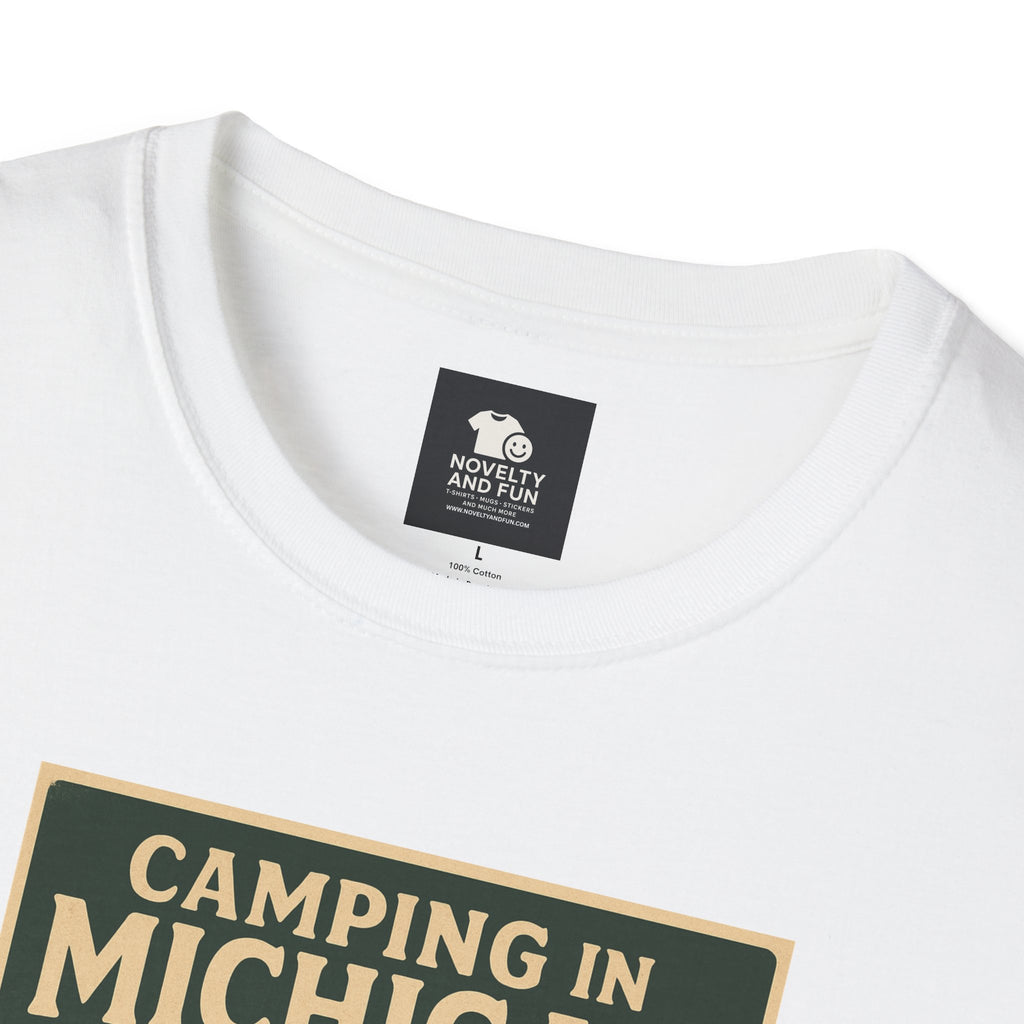Camping in Michigan Unisex Softstyle T-Shirt, Outdoor Adventure Shirt, Ideal Gift for Campers, Nature Lovers, Summer Fun
