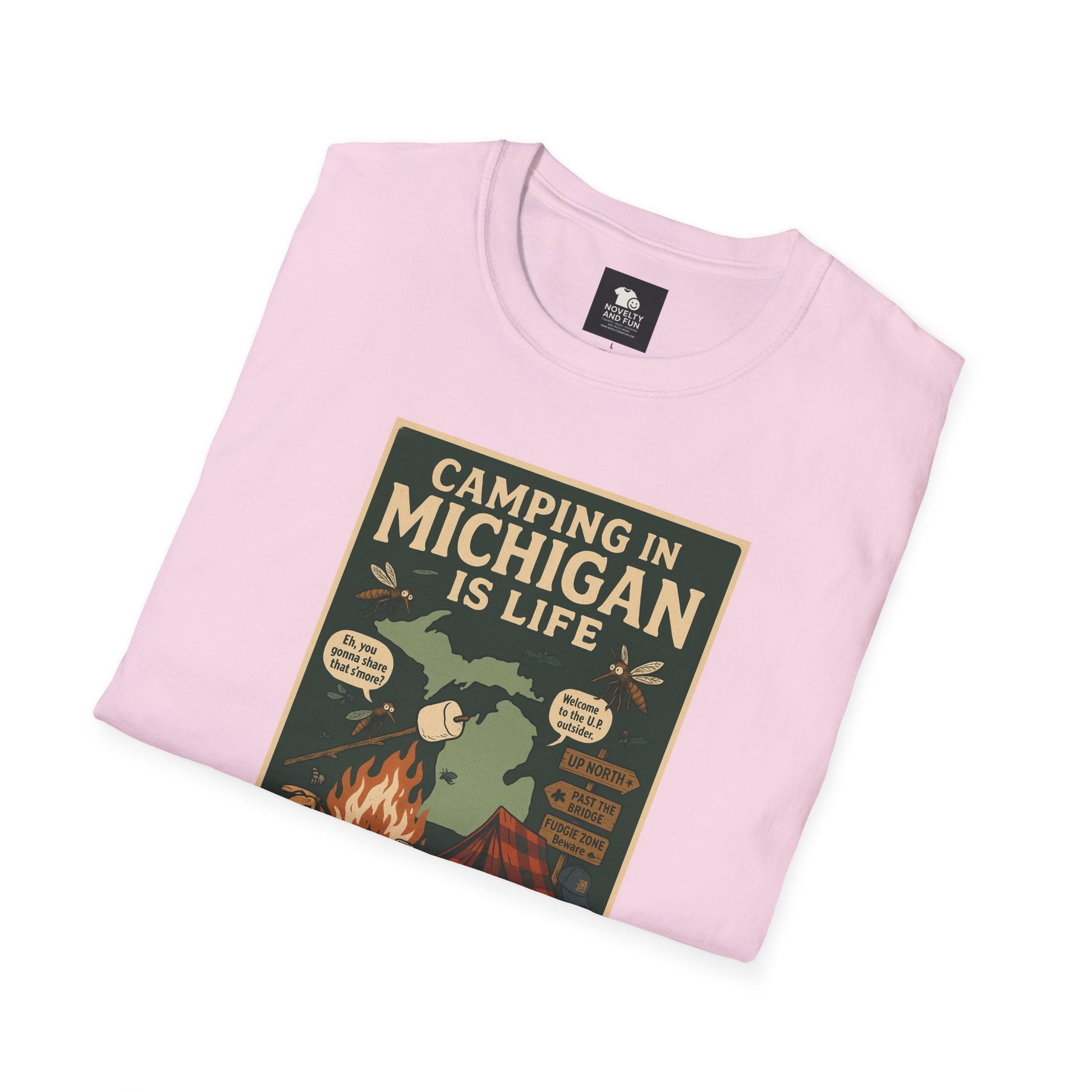 Camping in Michigan Unisex Softstyle T-Shirt, Outdoor Adventure Shirt, Ideal Gift for Campers, Nature Lovers, Summer Fun