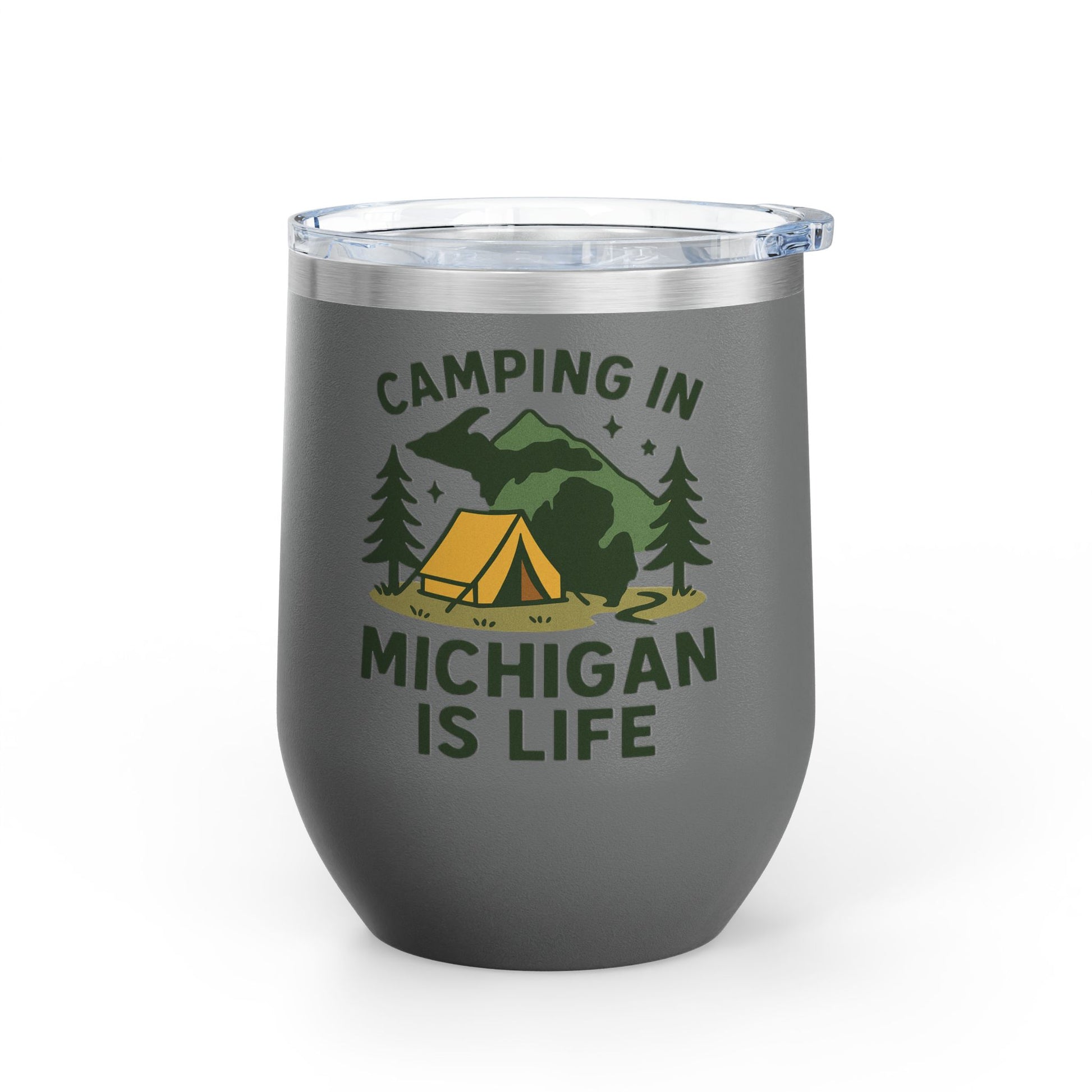 Camping in Michigan Wine Tumbler, 12oz - Perfect for Outdoor Lovers, Gifts for Campers, Travel Mug, Summer Picnics, Adventure Awaits
