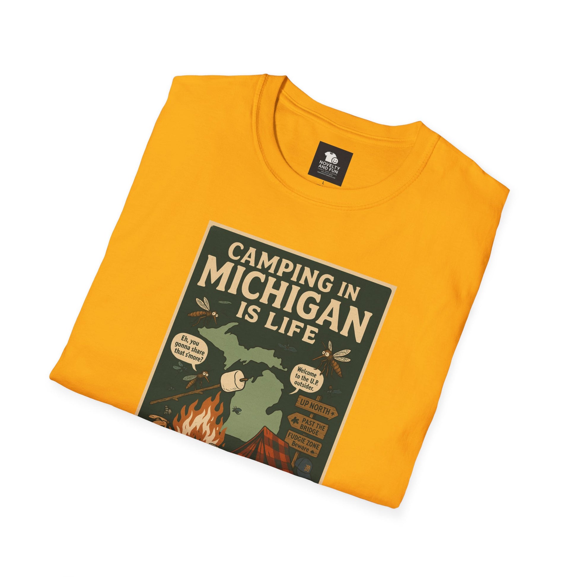 Camping in Michigan Unisex Softstyle T-Shirt, Outdoor Adventure Shirt, Ideal Gift for Campers, Nature Lovers, Summer Fun