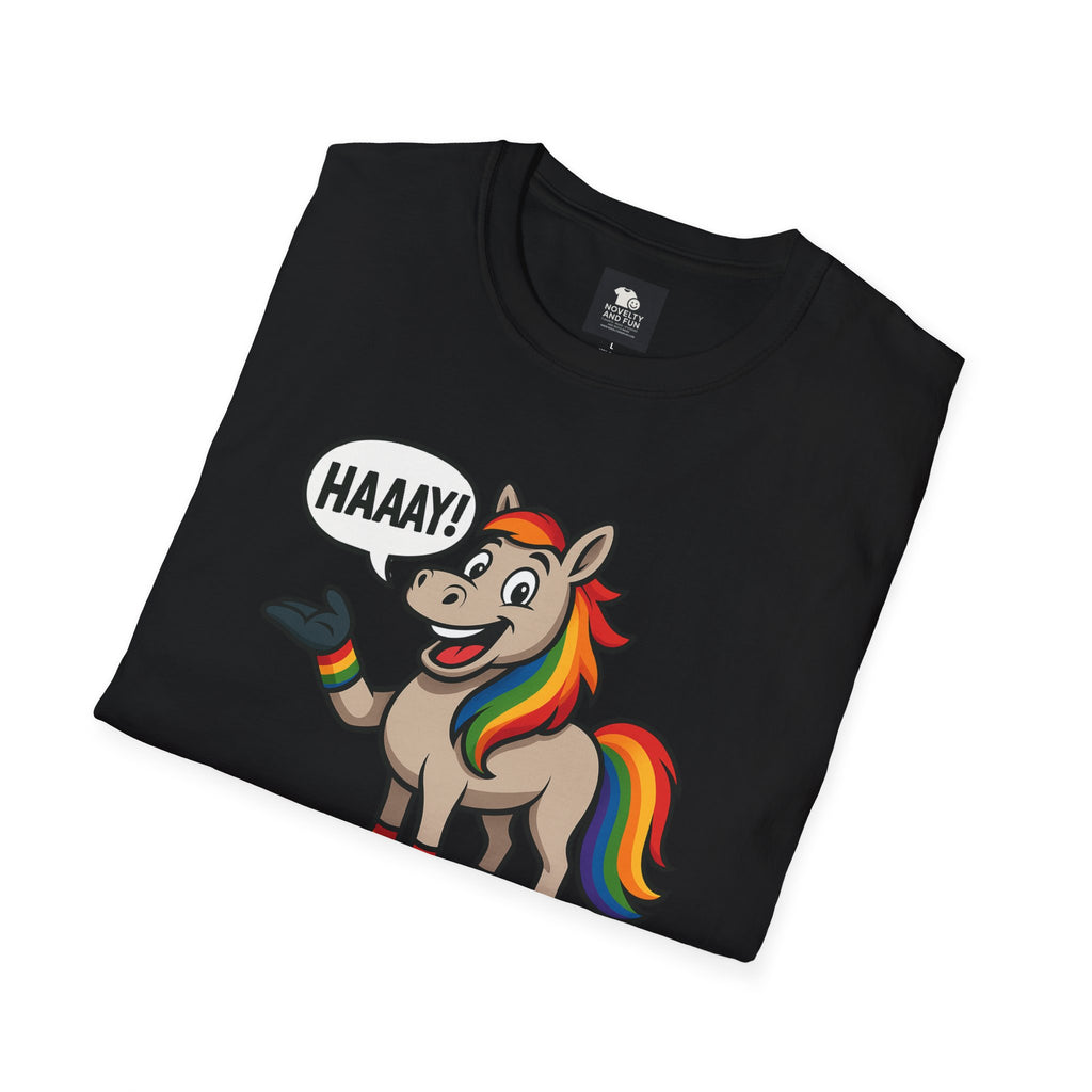 Rainbow Horse Graphic HAAAY T-Shirt, Funny Gift, Pride Apparel, Cute Graphic Tee, LGBTQ Pride Shirt, Colorful Horse Tee,
