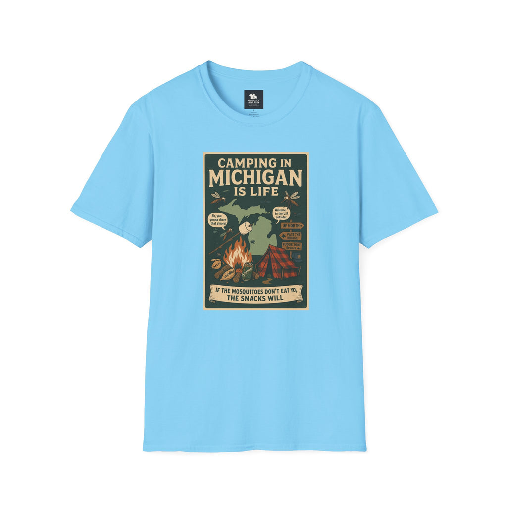 Camping in Michigan Unisex Softstyle T-Shirt, Outdoor Adventure Shirt, Ideal Gift for Campers, Nature Lovers, Summer Fun