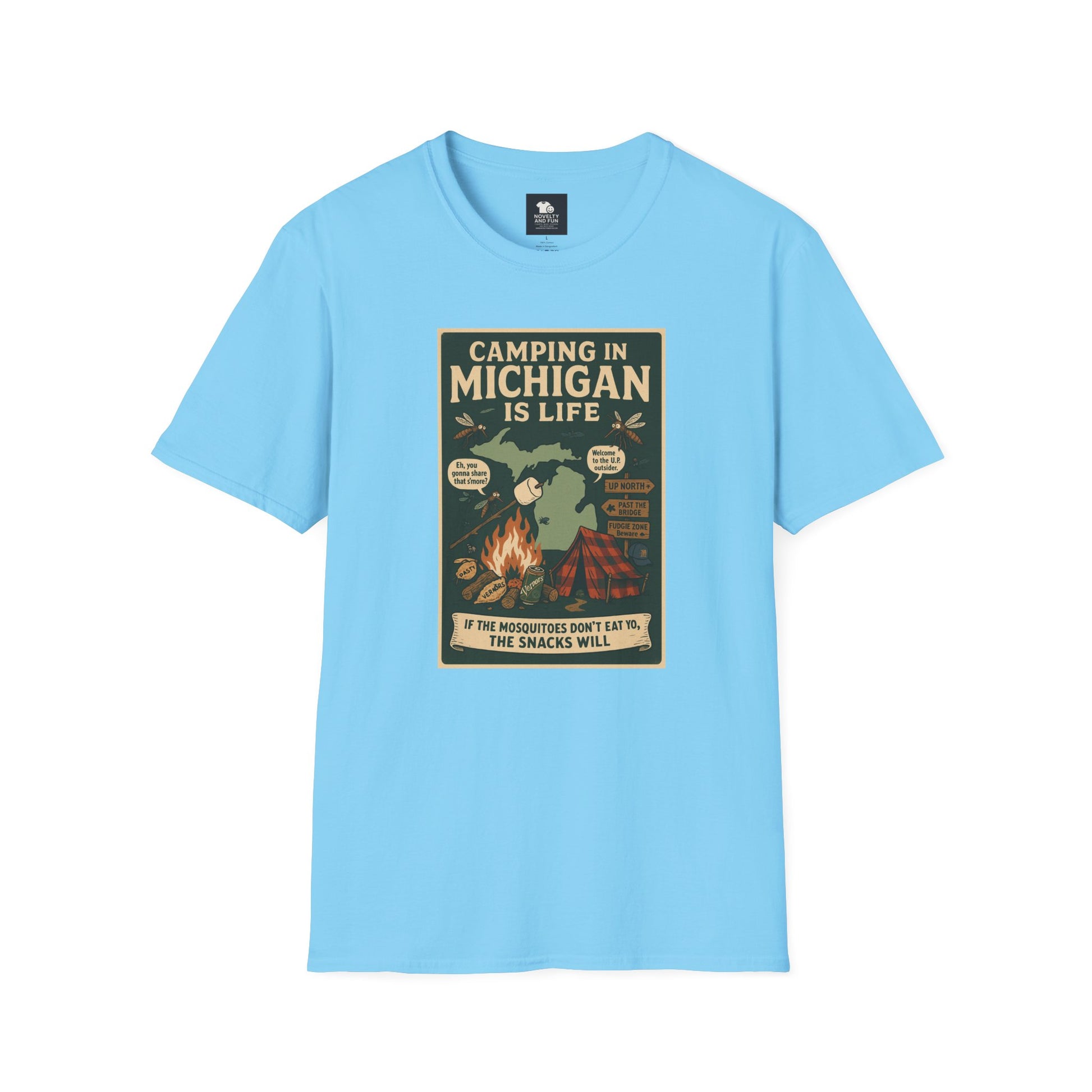 Camping in Michigan Unisex Softstyle T-Shirt, Outdoor Adventure Shirt, Ideal Gift for Campers, Nature Lovers, Summer Fun