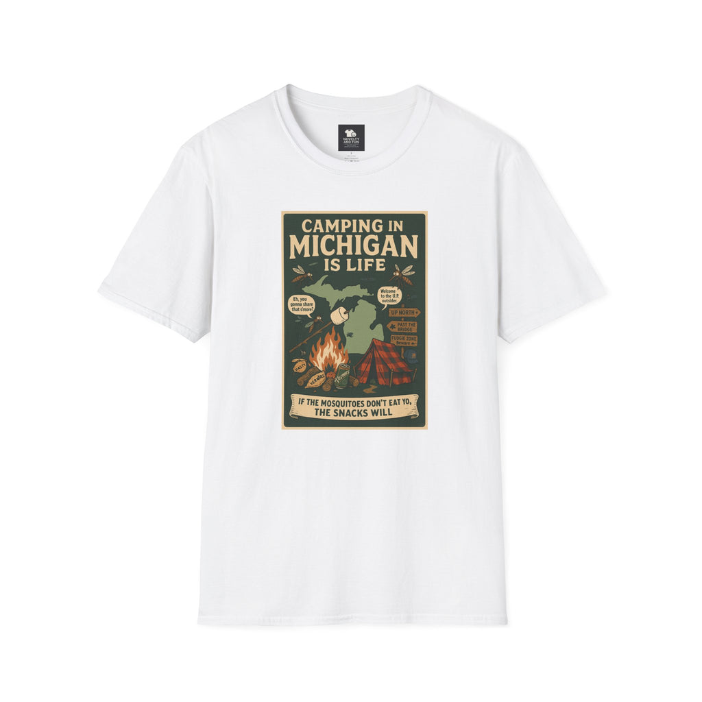 Camping in Michigan Unisex Softstyle T-Shirt, Outdoor Adventure Shirt, Ideal Gift for Campers, Nature Lovers, Summer Fun